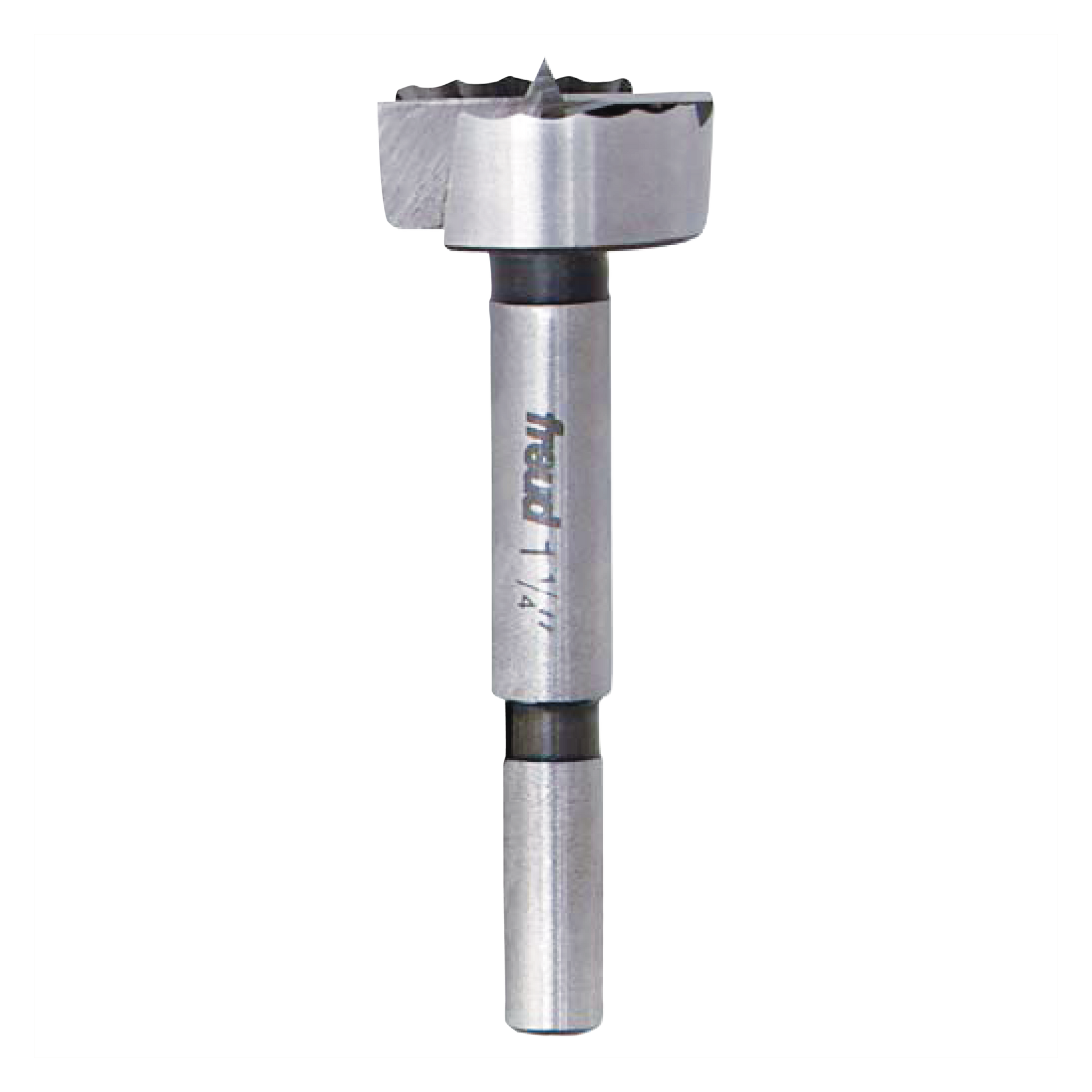 Freud Forstner bit with cylindrical steel shaft, flat cutting head with serrated edges, and center point.