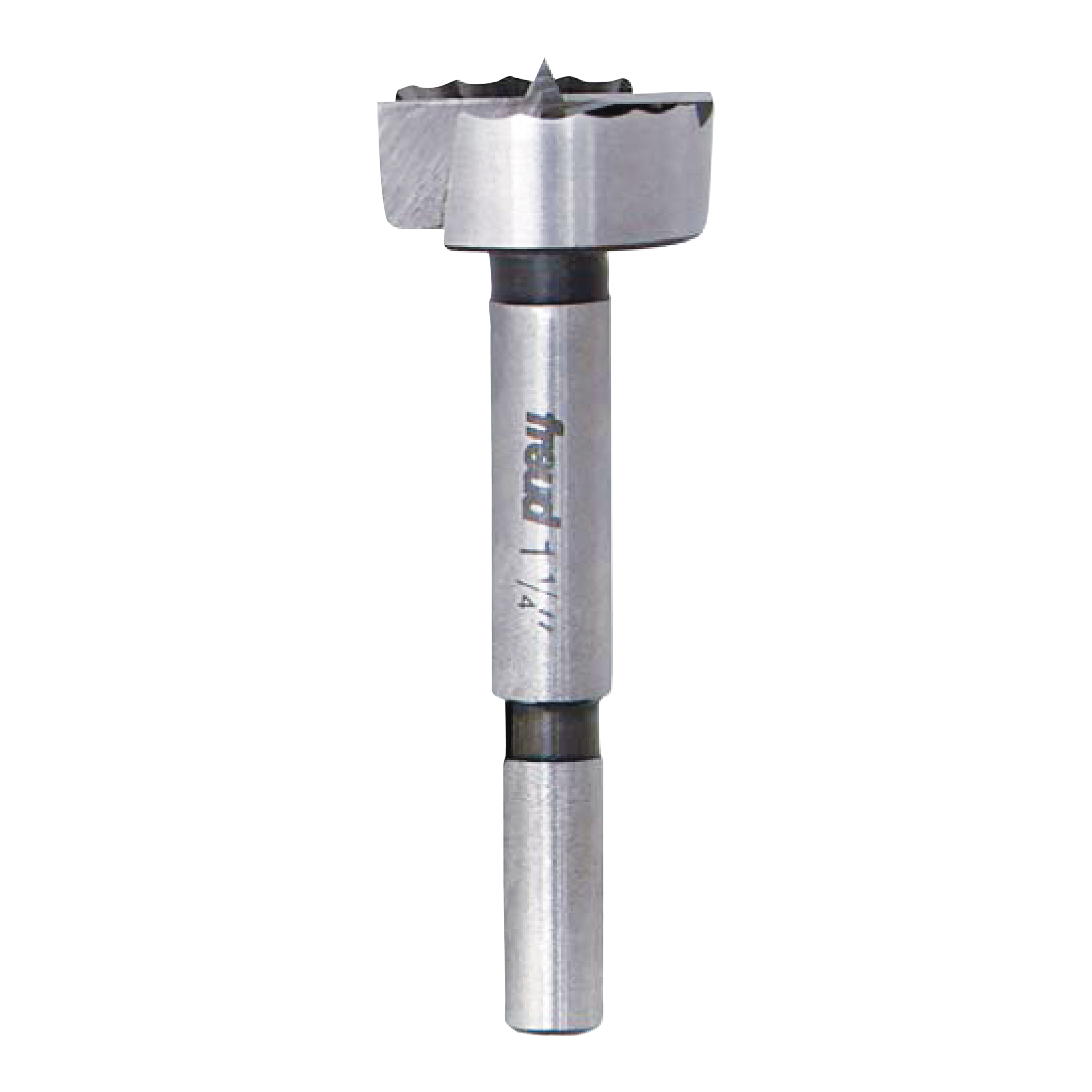 Freud Forstner bit with cylindrical steel shaft, flat cutting head with serrated edges, and center point.