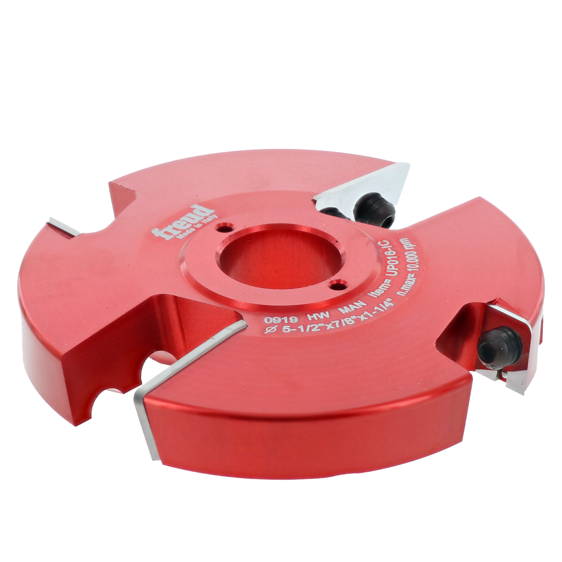 Red router cutter head with four cutting edges and adjustment screws mounted on sides.