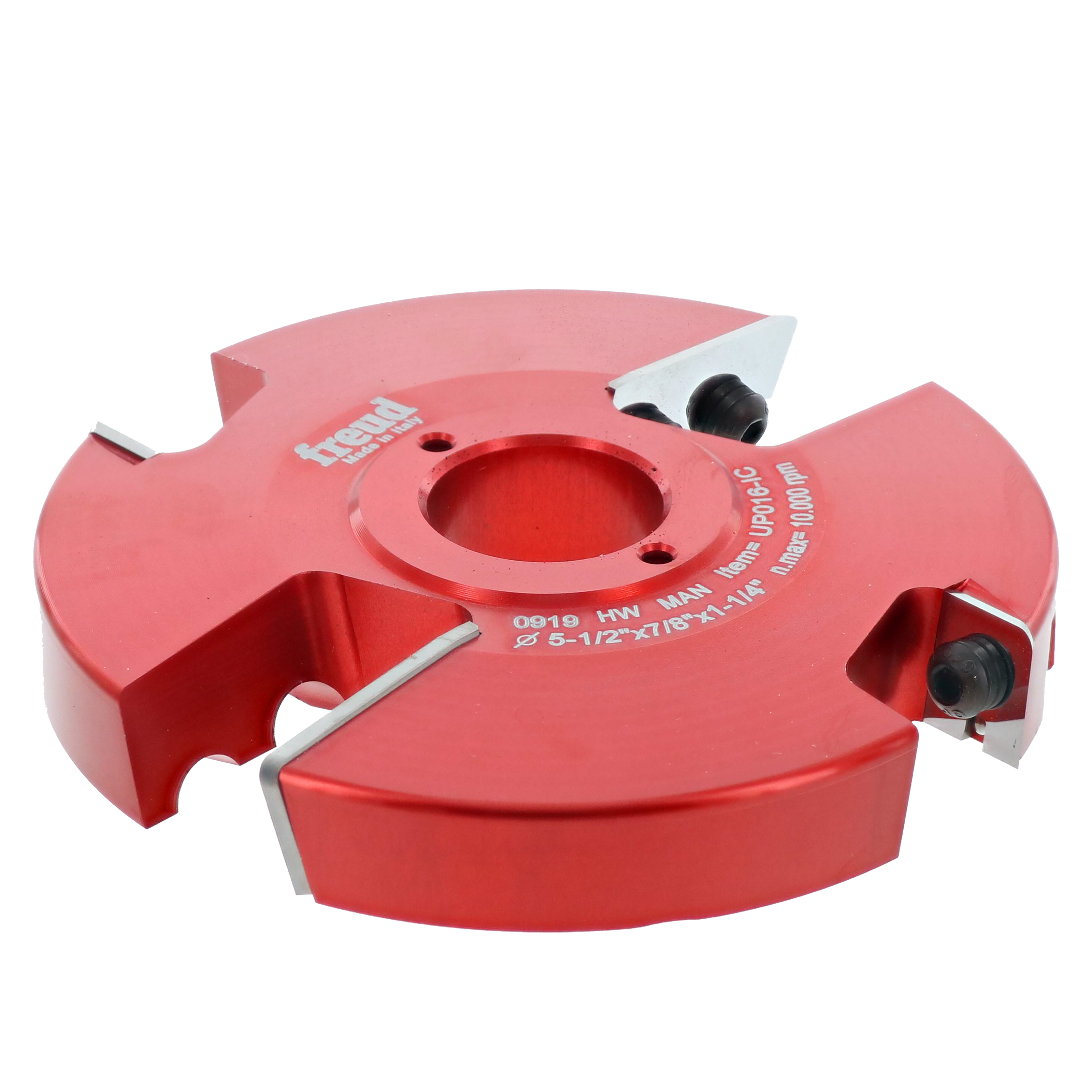 Red router cutter head with four cutting edges and adjustment screws mounted on sides.