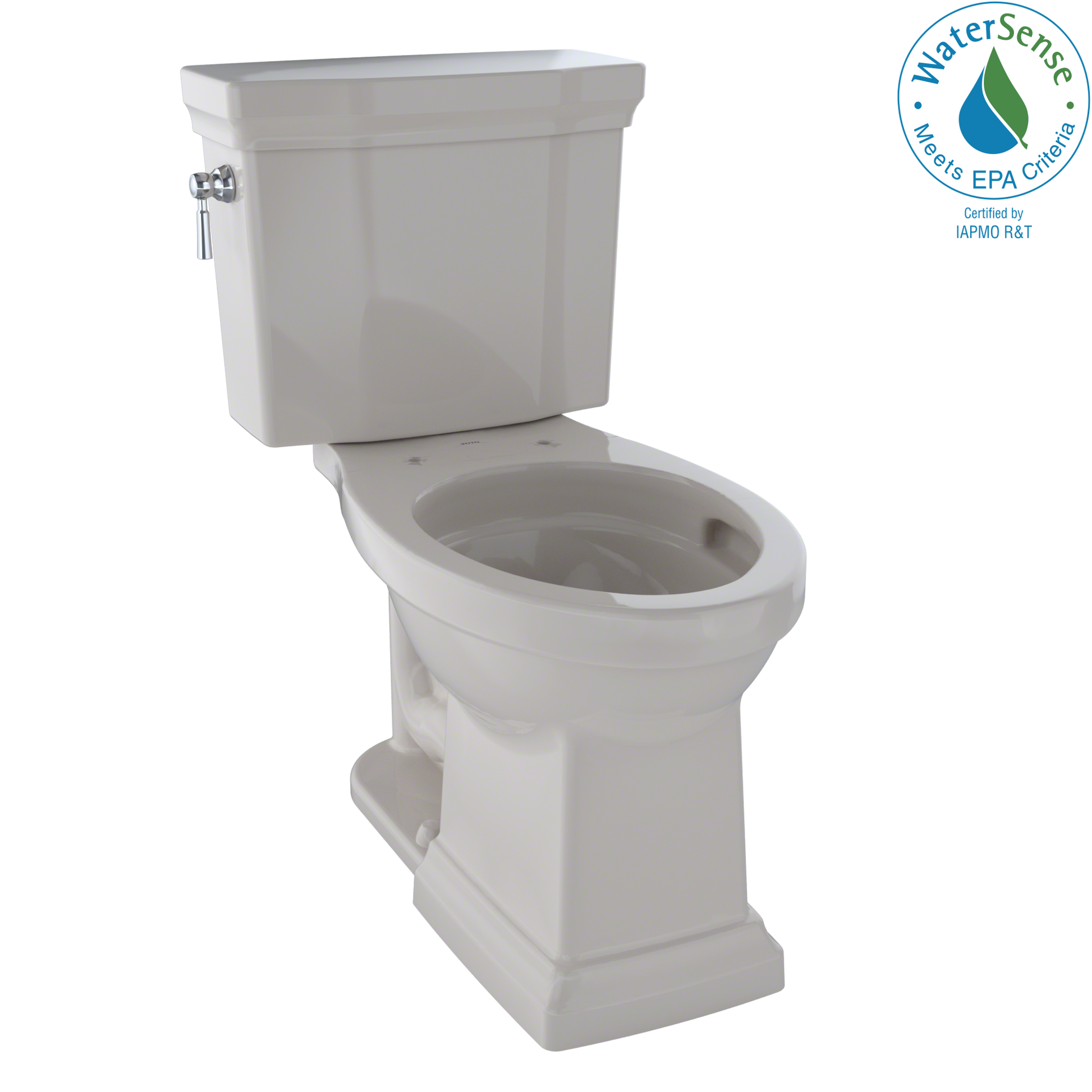 Beige two-piece elongated toilet with tank, bowl, and supply line visible from side angle.