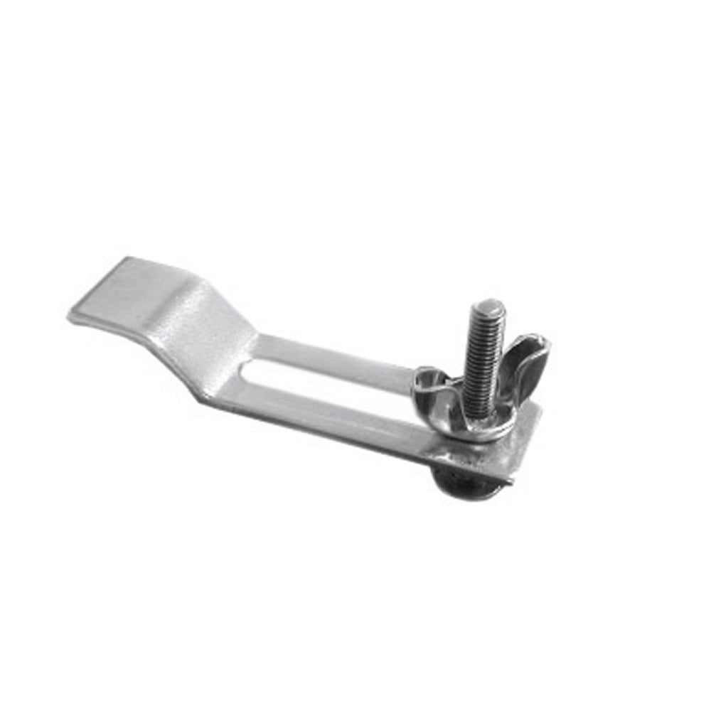 Metal extension clip with lever arm, flat mounting head, and threaded bolt fastener.