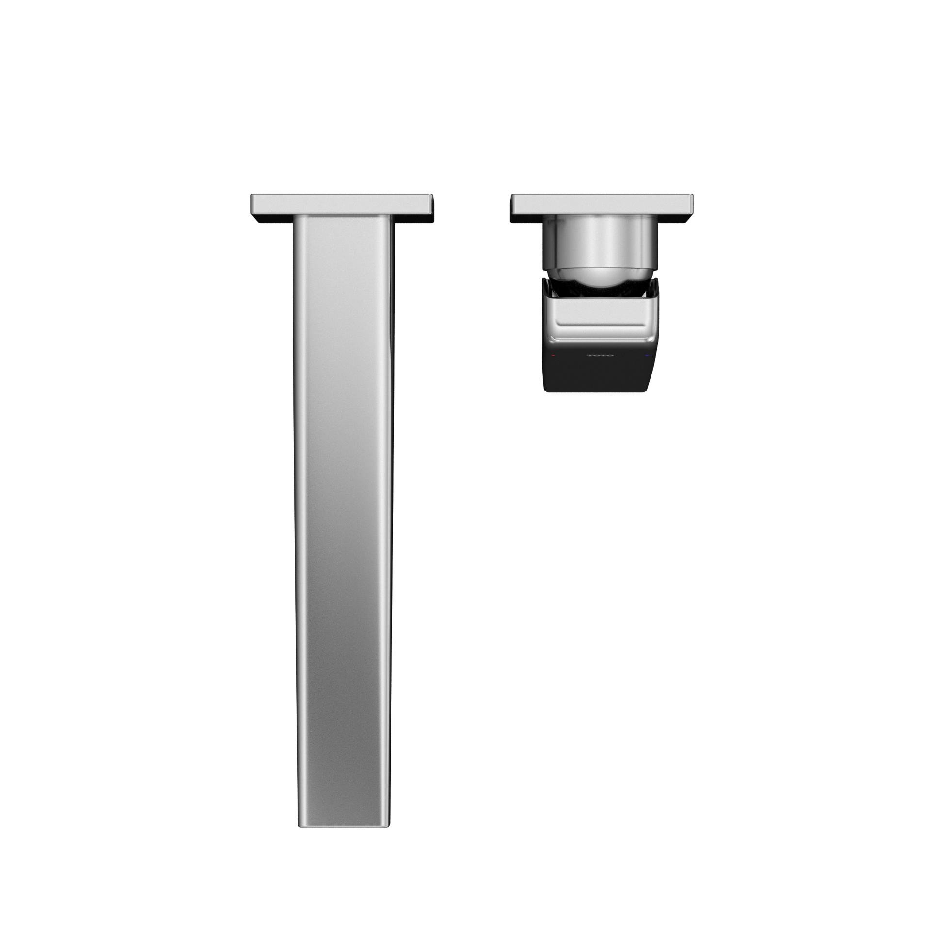 Polished chrome wall-mount bathroom faucet with single handle and long vertical spout, shown in full and close-up views.