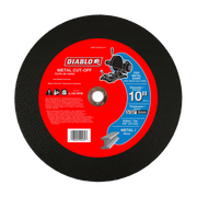 Black abrasive cutting disc with red label showing Diablo branding, 10-inch diameter, metal cut-off wheel specifications.