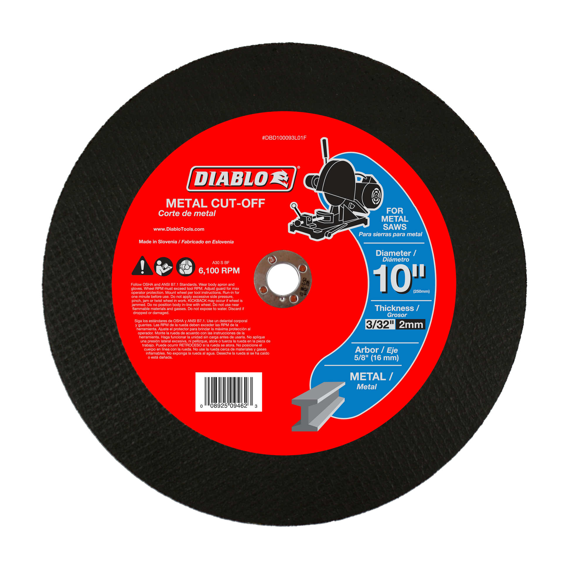 Black abrasive cutting disc with red label showing Diablo branding, 10-inch diameter, metal cut-off wheel specifications.