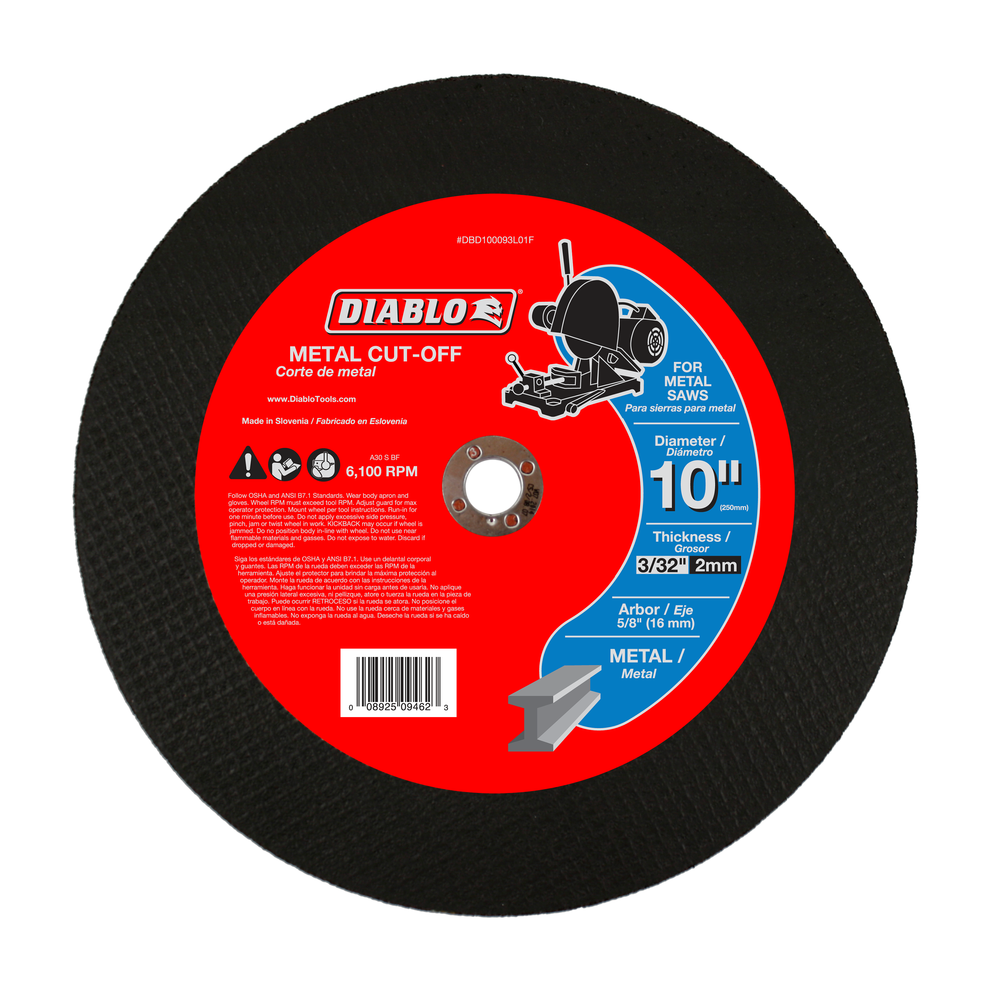 Black abrasive cutting disc with red label showing Diablo branding, 10-inch diameter, metal cut-off wheel specifications.