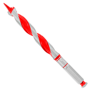 Red and gray spiral auger bit with fluted design and hexagonal shank against white background.
