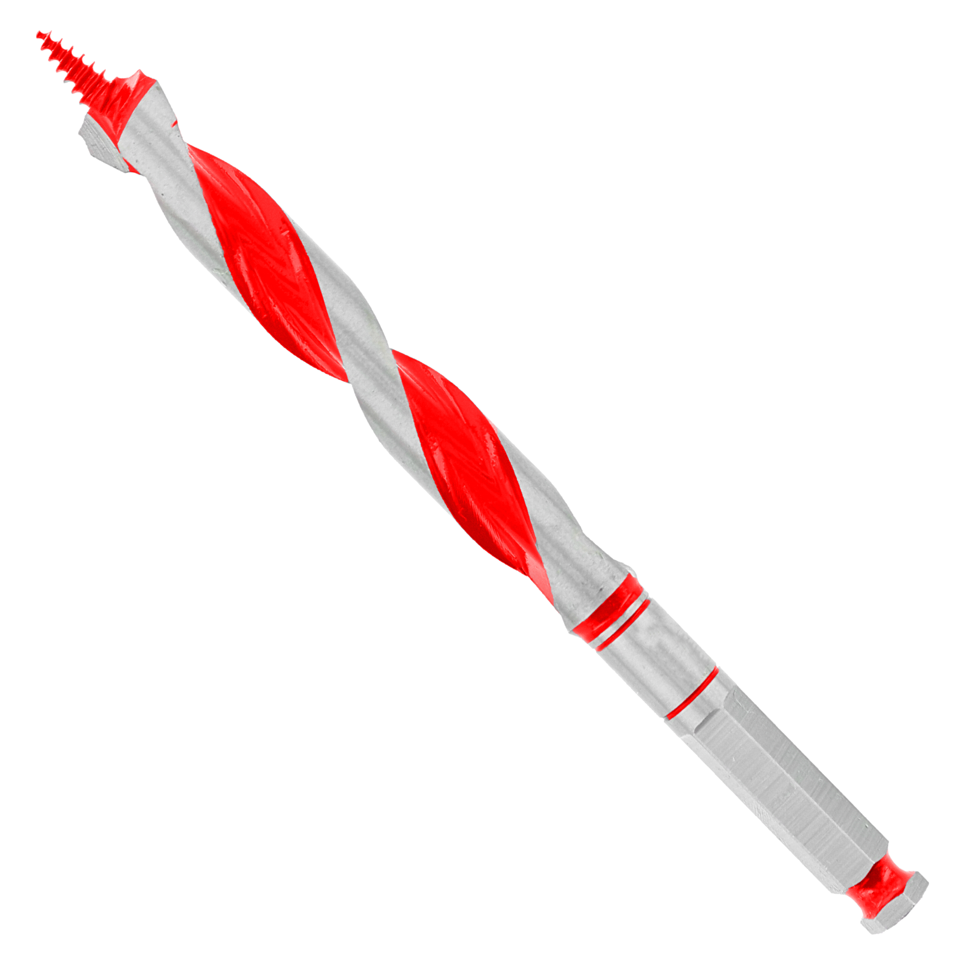 Red and gray spiral auger bit with fluted design and hexagonal shank against white background.