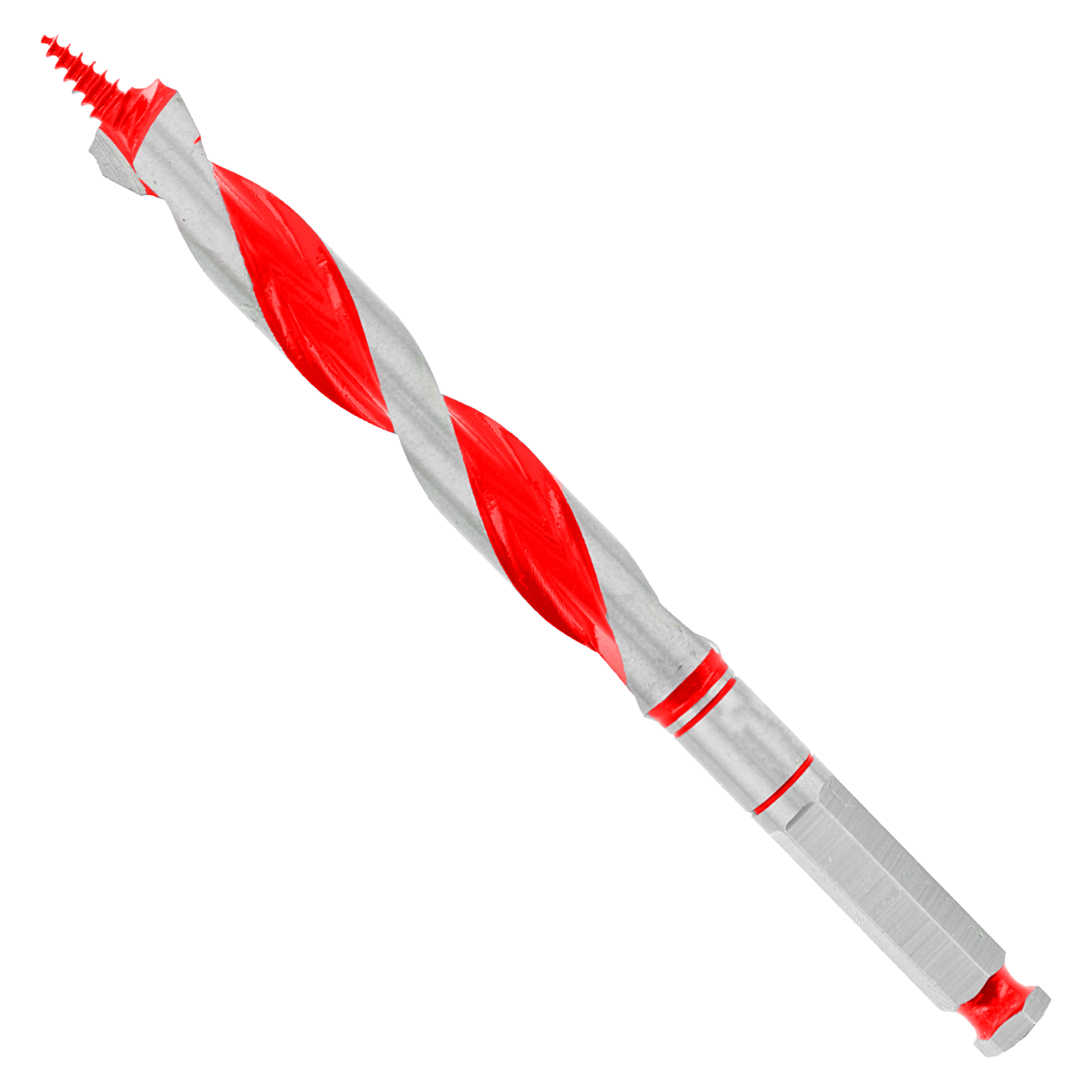 Red and gray spiral auger bit with fluted design and hexagonal shank against white background.
