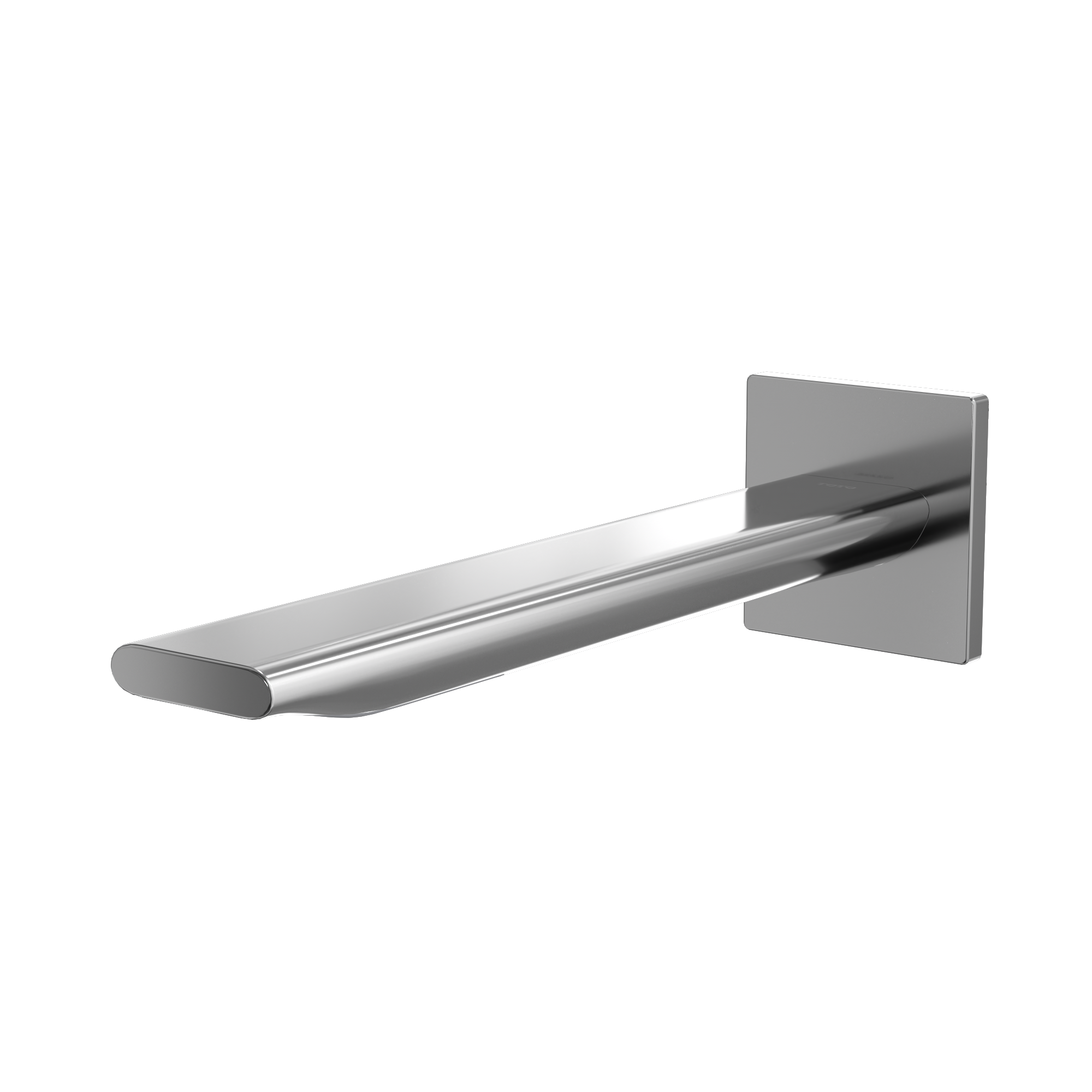 Polished chrome wall-mounted touchless bathroom faucet with elongated spout and square mounting plate.
