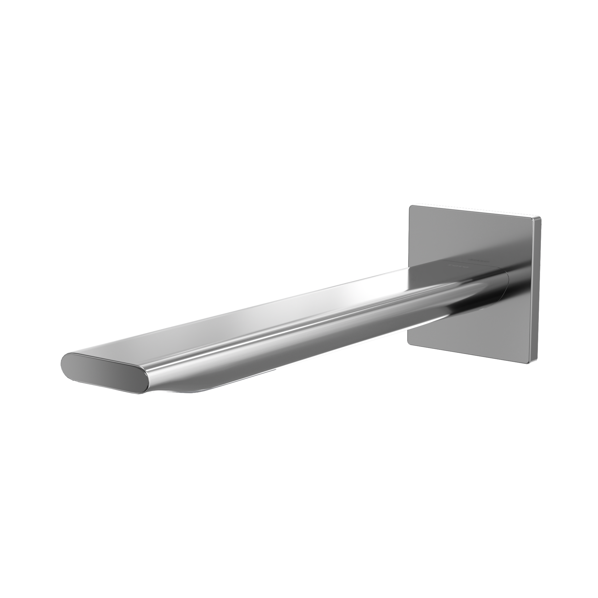 Polished chrome wall-mounted bathroom faucet with elongated spout and square mounting plate.