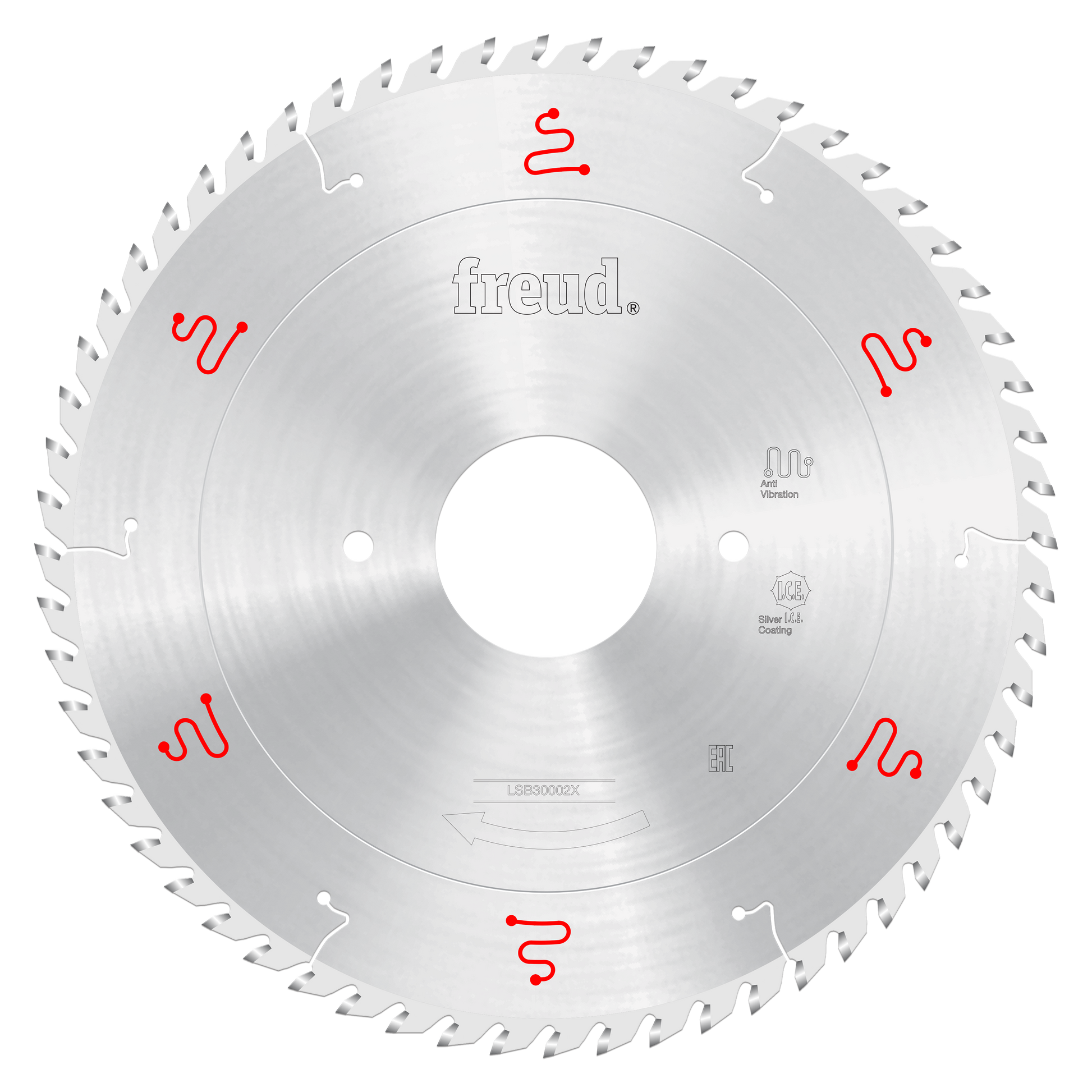 Freud 300mm circular saw blade with silver coating and multiple teeth around perimeter for panel sizing applications.