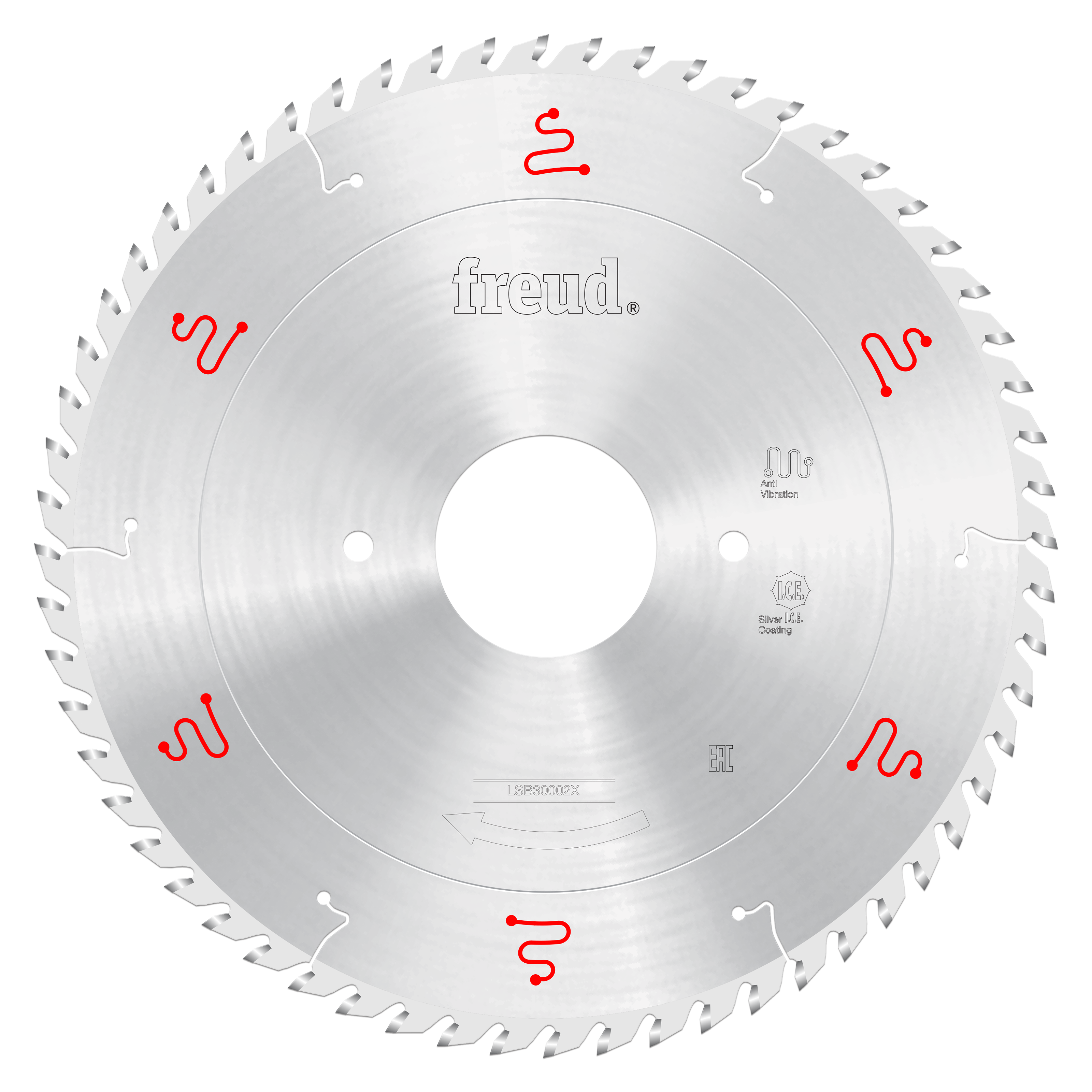 Freud 300mm circular saw blade with silver coating and multiple teeth around perimeter for panel sizing applications.