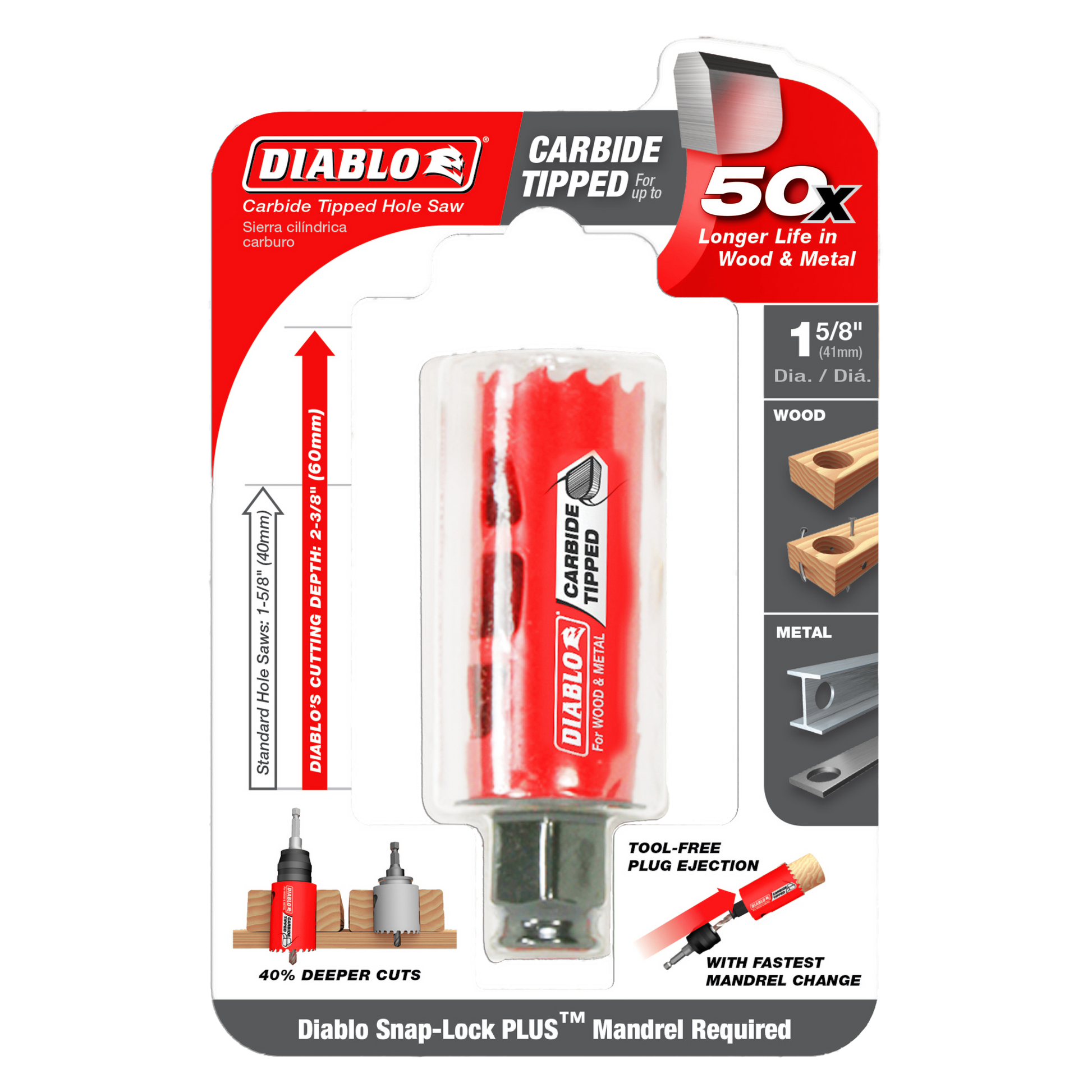 Diablo carbide-tipped holesaw with 1-5/8 inch diameter, red plastic casing, metal cutting head, and metal arbor shaft.