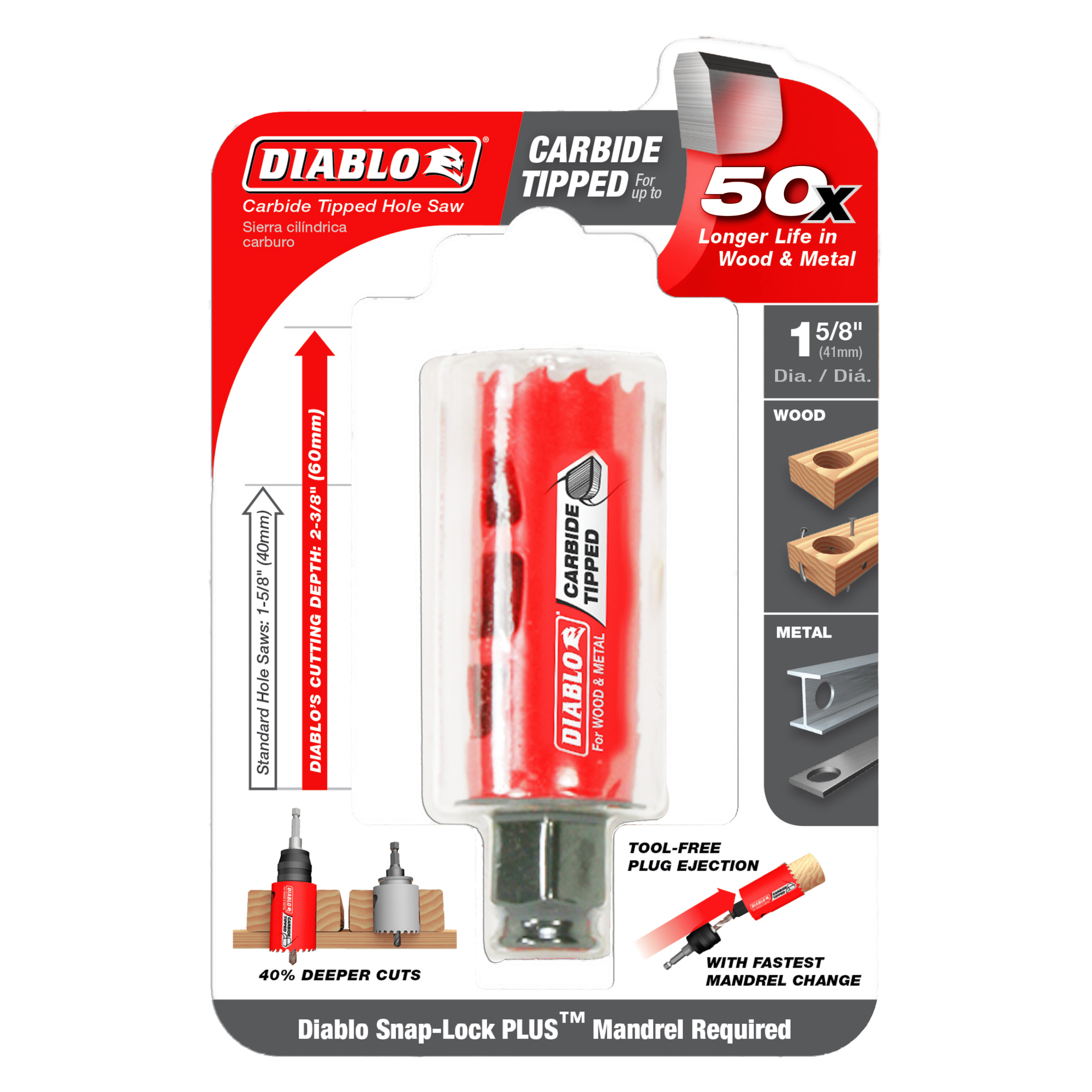 Diablo carbide-tipped holesaw with 1-5/8 inch diameter, red plastic casing, metal cutting head, and metal arbor shaft.