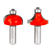 Two red router bits with silver shanks and metal bearings for drop-leaf table joinery.