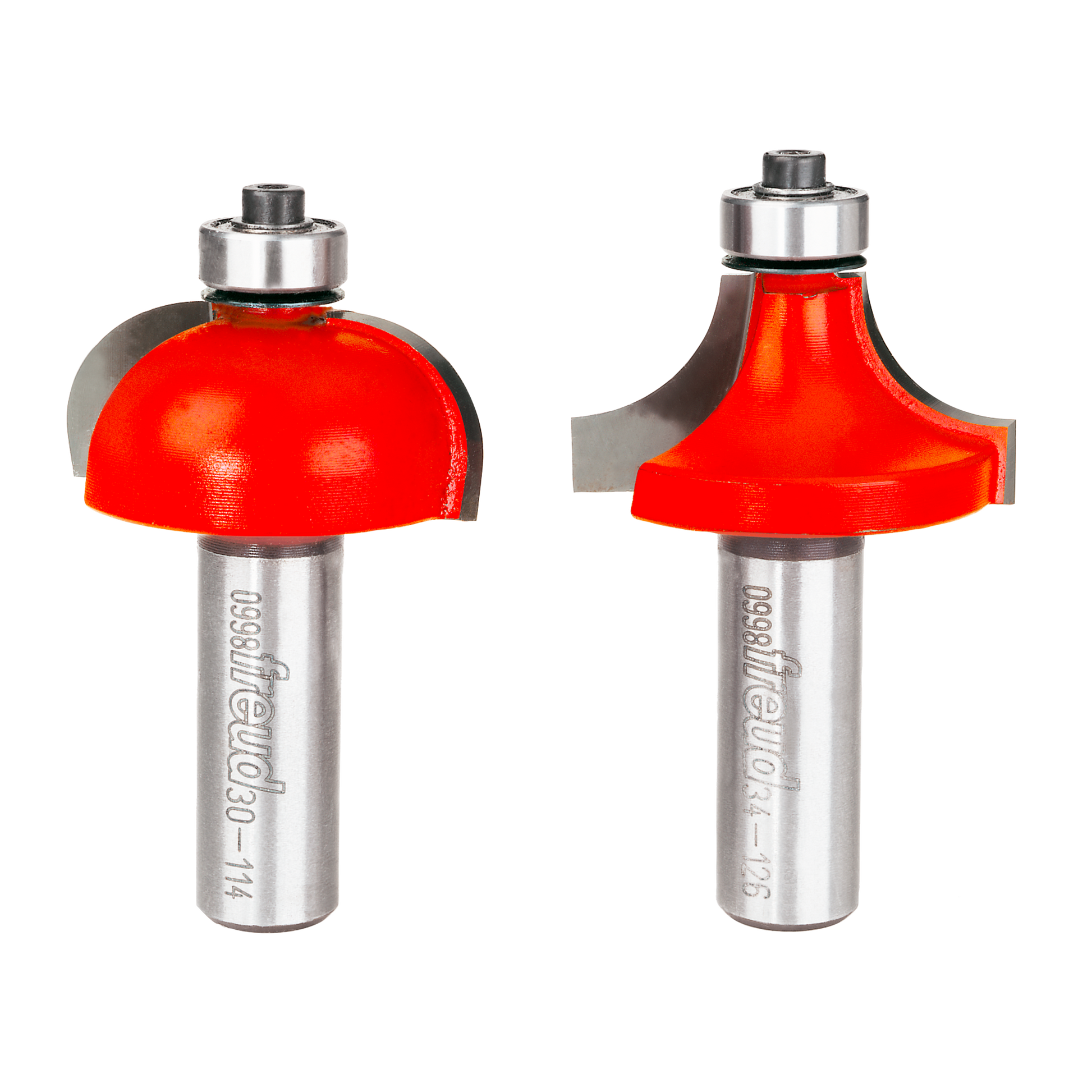 Two red router bits with silver shanks and metal bearings for drop-leaf table joinery.