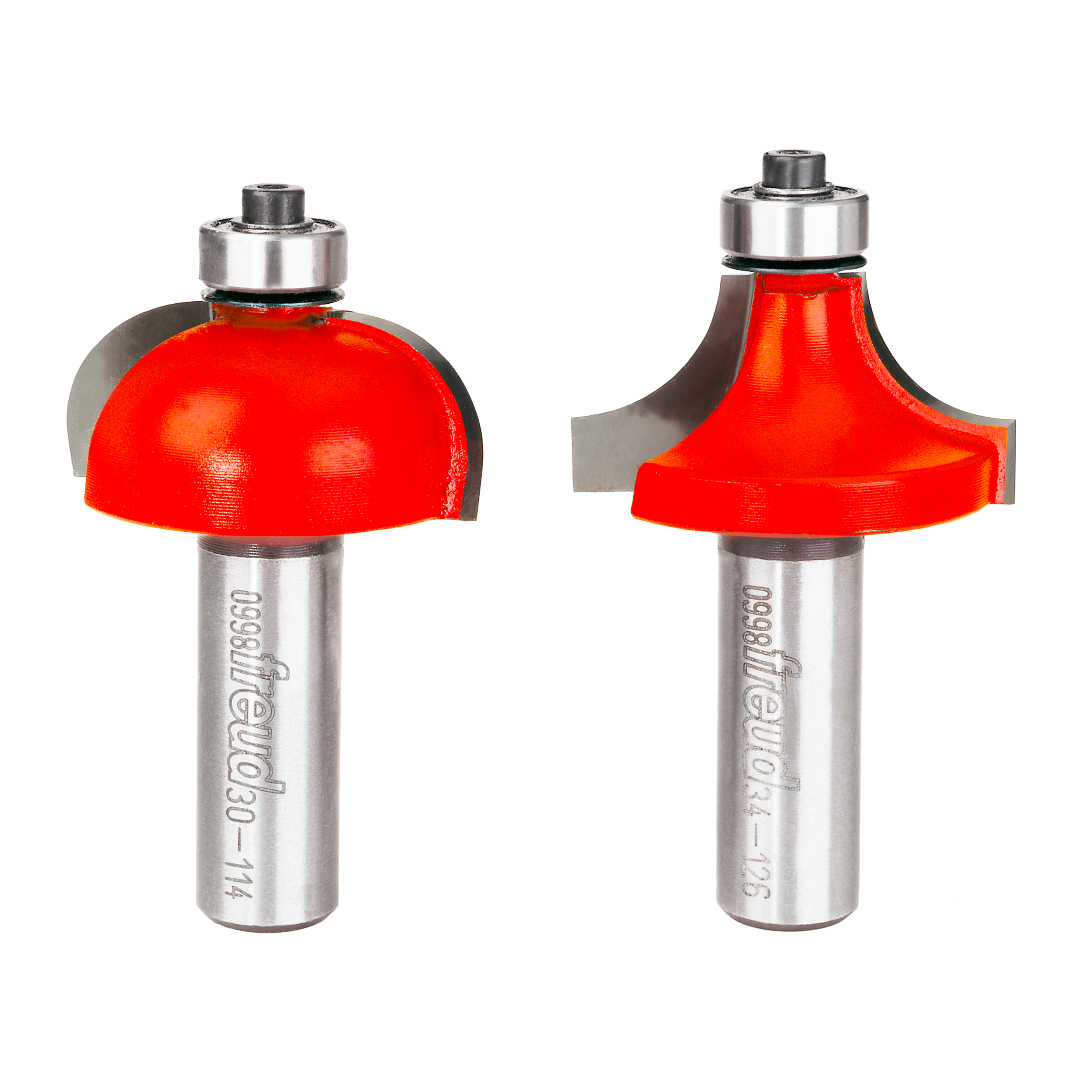 Two red router bits with silver shanks and metal bearings for drop-leaf table joinery.
