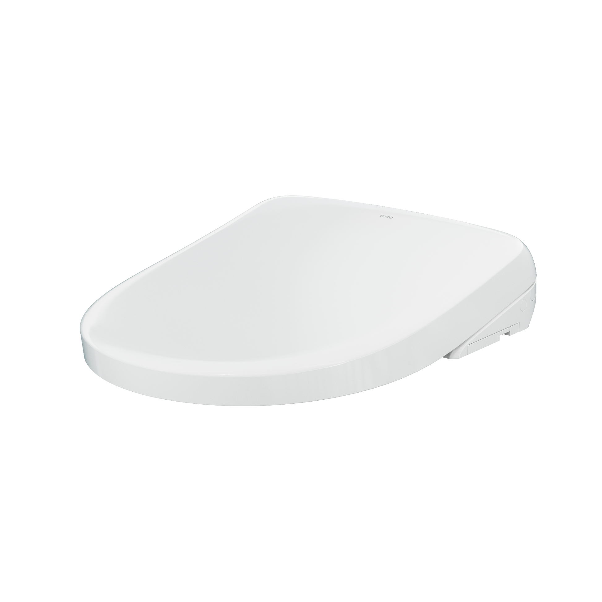 White elongated electronic bidet toilet seat with rounded edges and control panel on side.