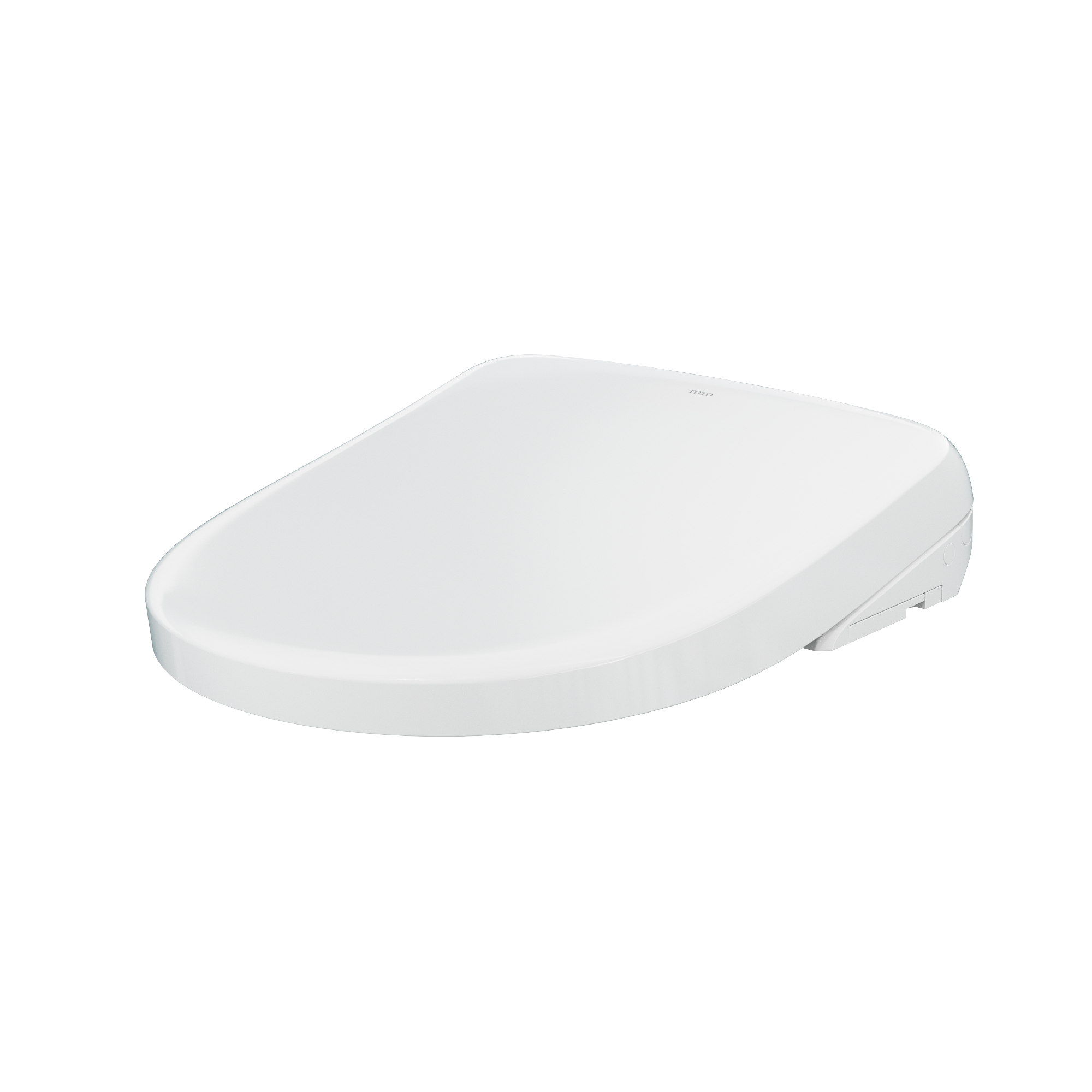White elongated electronic bidet toilet seat with rounded edges and control panel on side.
