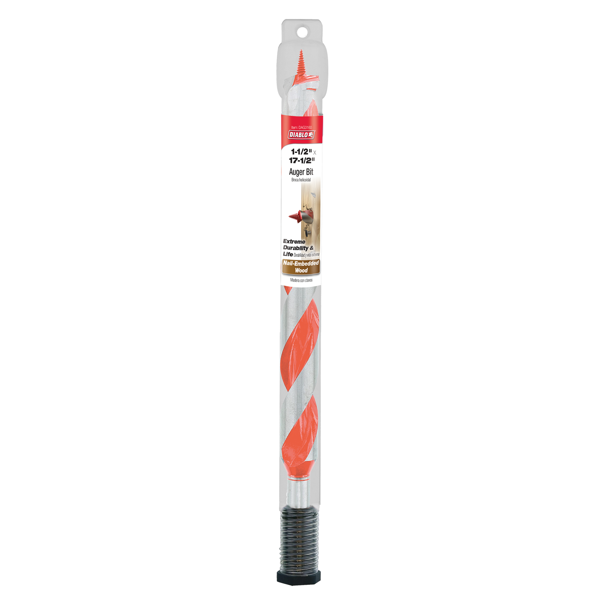 Diablo 1-1/2 inch by 17-1/2 inch auger bit with red cutting edges and threaded shaft in clear plastic packaging.
