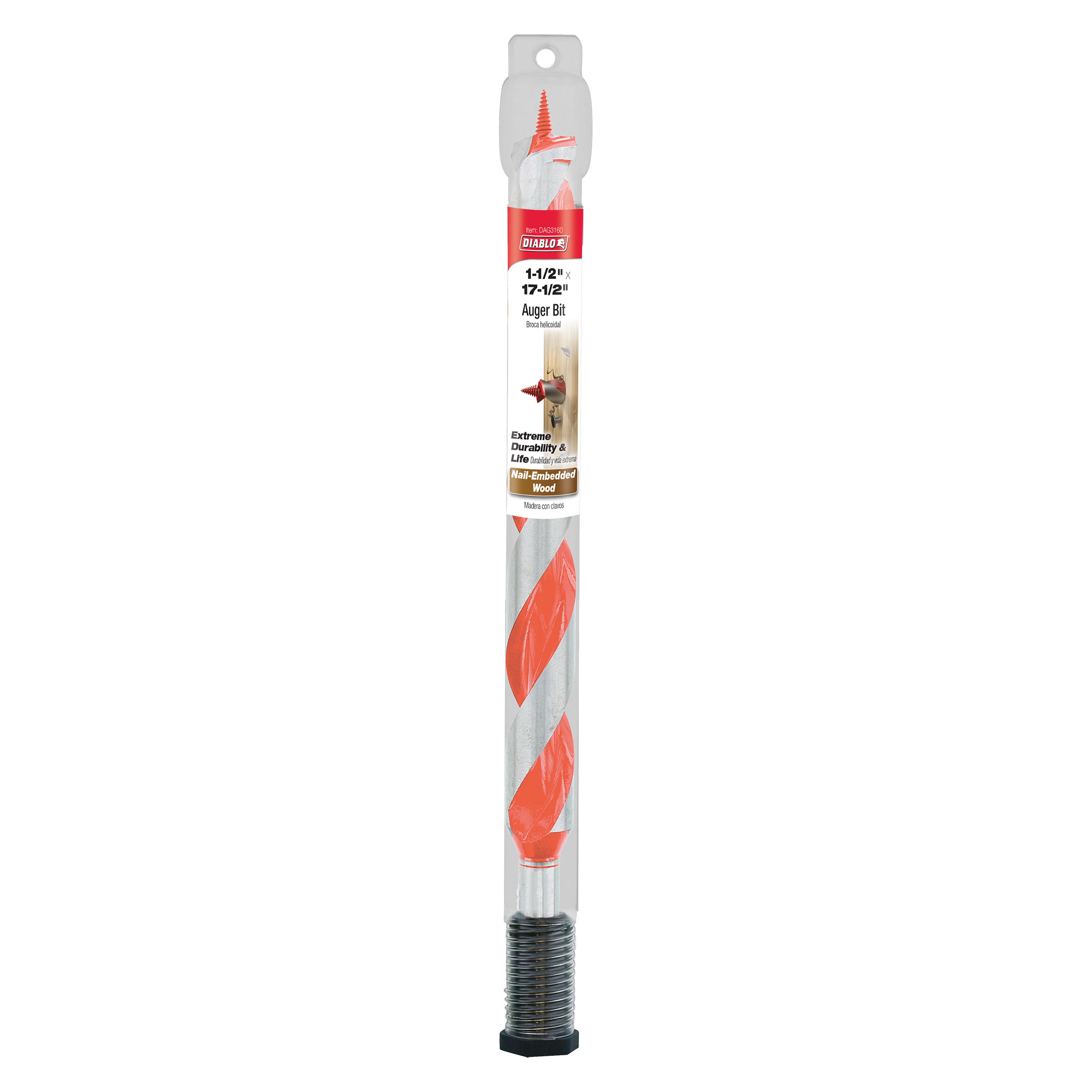Diablo 1-1/2 inch by 17-1/2 inch auger bit with red cutting edges and threaded shaft in clear plastic packaging.