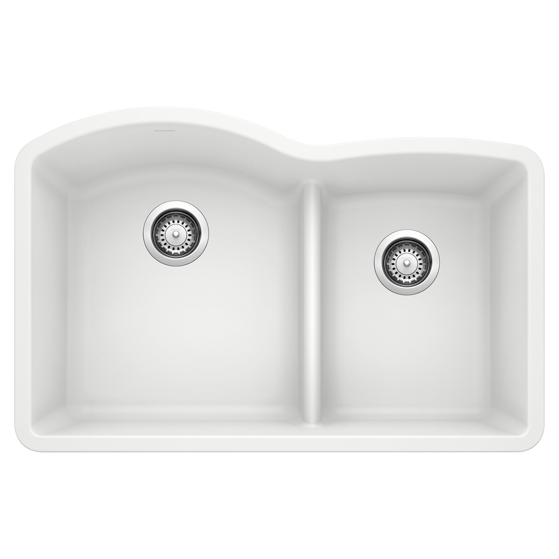 White undermount kitchen sink with two unequal basins and low divide, featuring chrome drain strainers.