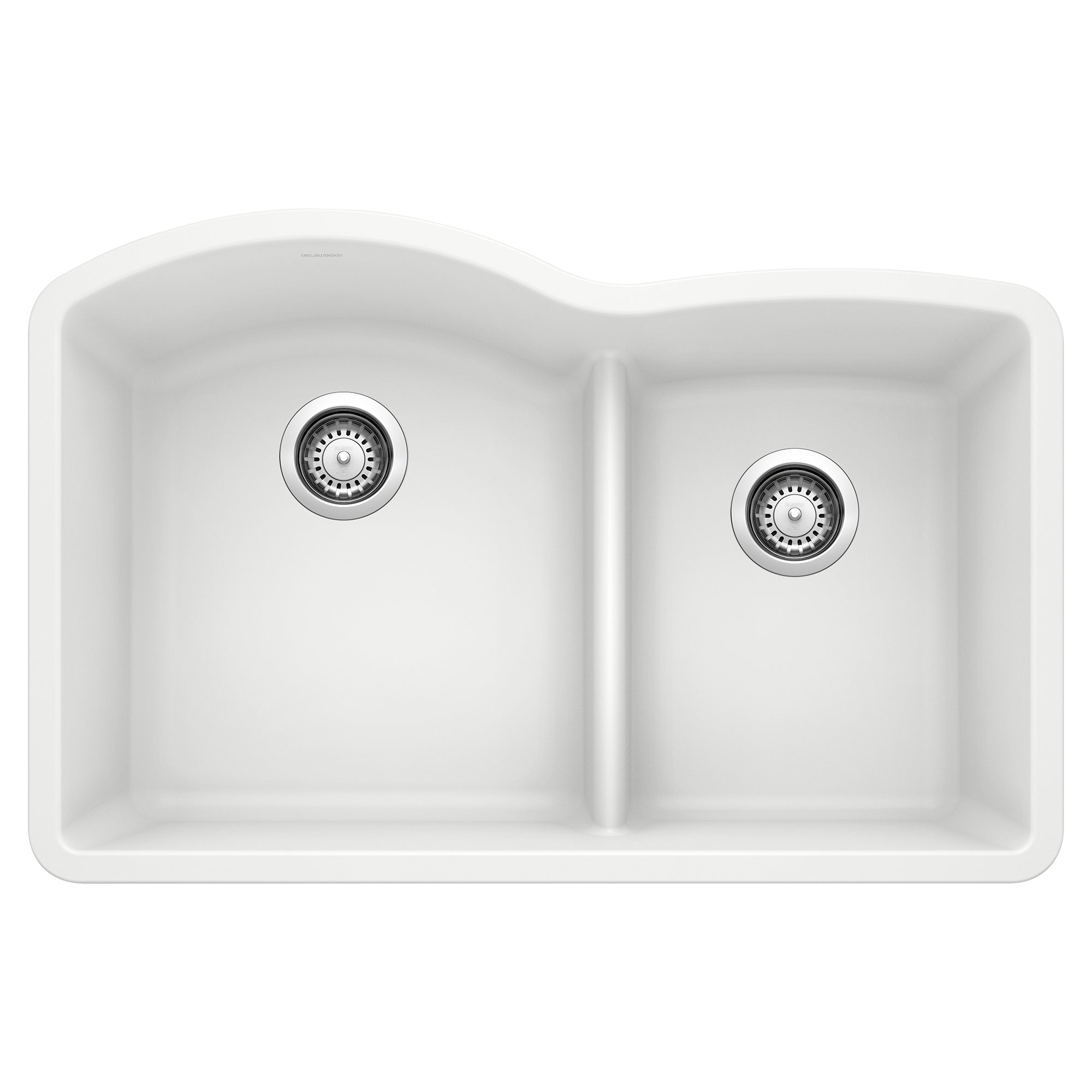 White undermount kitchen sink with two unequal basins and low divide, featuring chrome drain strainers.