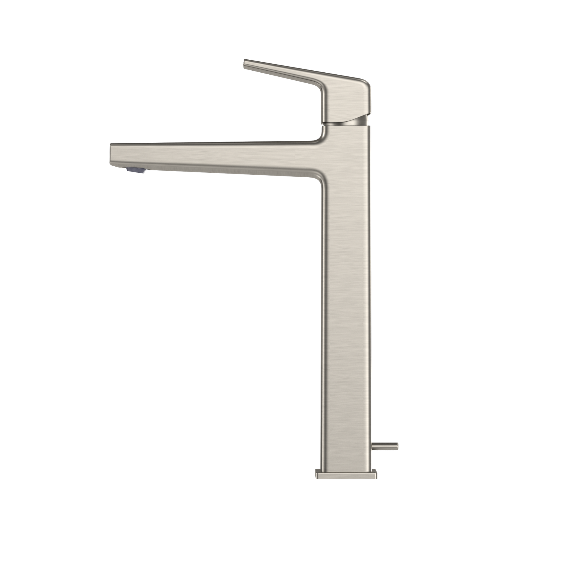 Brushed nickel single-handle vessel bathroom sink faucet with tall curved spout and rectangular base.