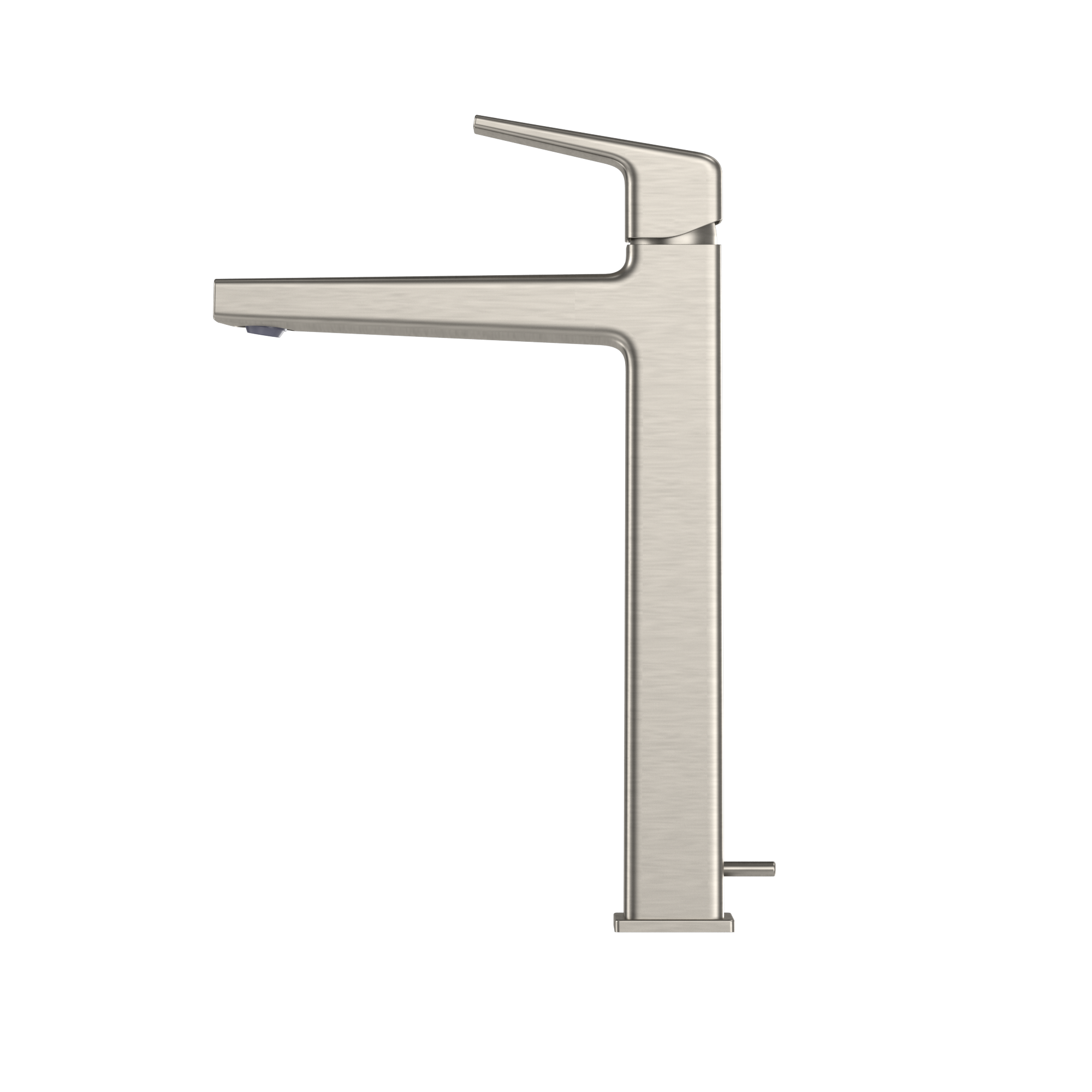 Brushed nickel single-handle vessel bathroom sink faucet with tall curved spout and rectangular base.