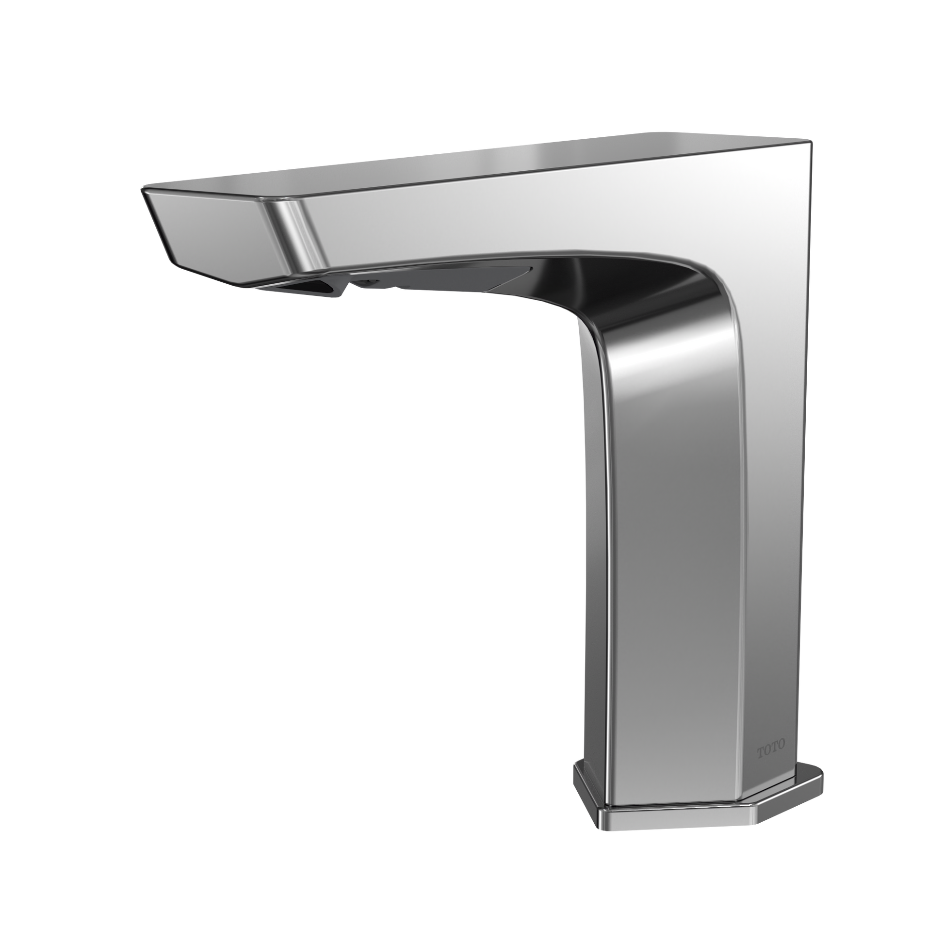 Polished chrome touchless bathroom faucet with angular spout and tall rectangular body.