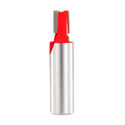 Mortising bit with red cutting head and metallic cylindrical shank, featuring two cutting edges at the top.