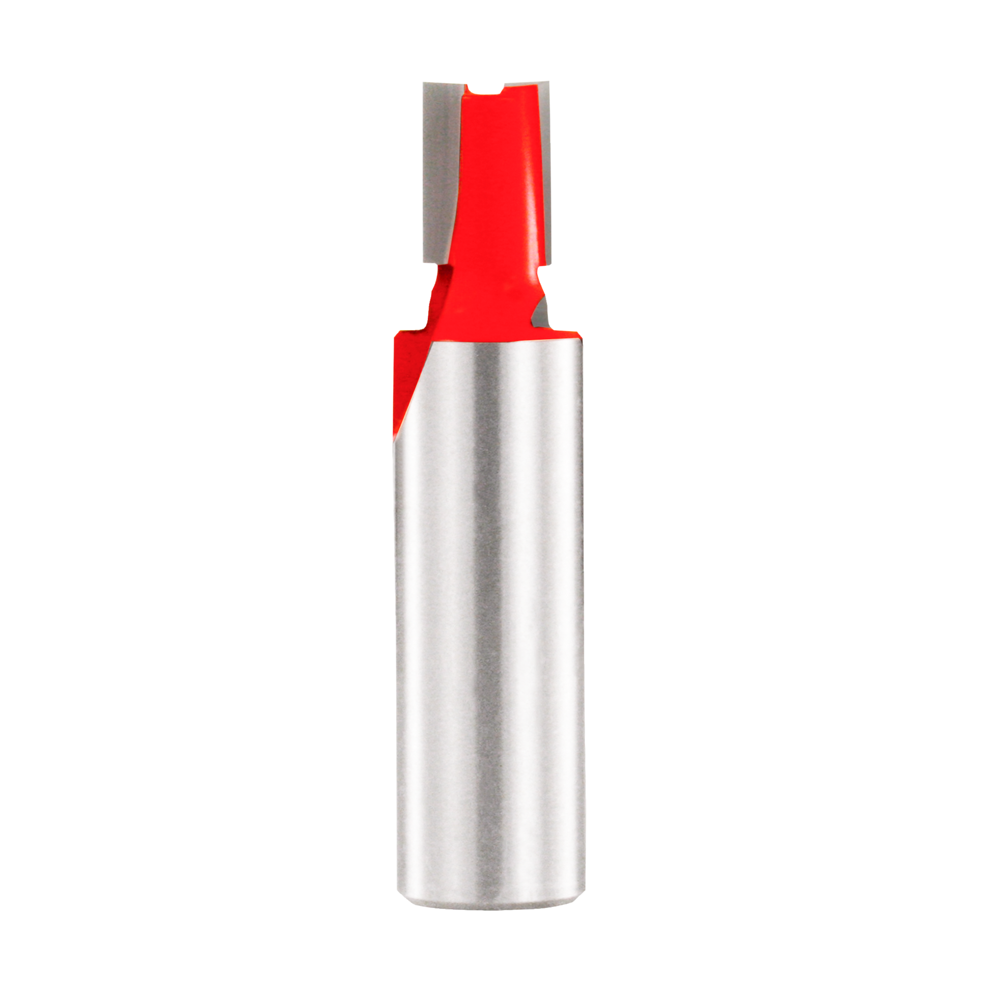 Mortising bit with red cutting head and metallic cylindrical shank, featuring two cutting edges at the top.