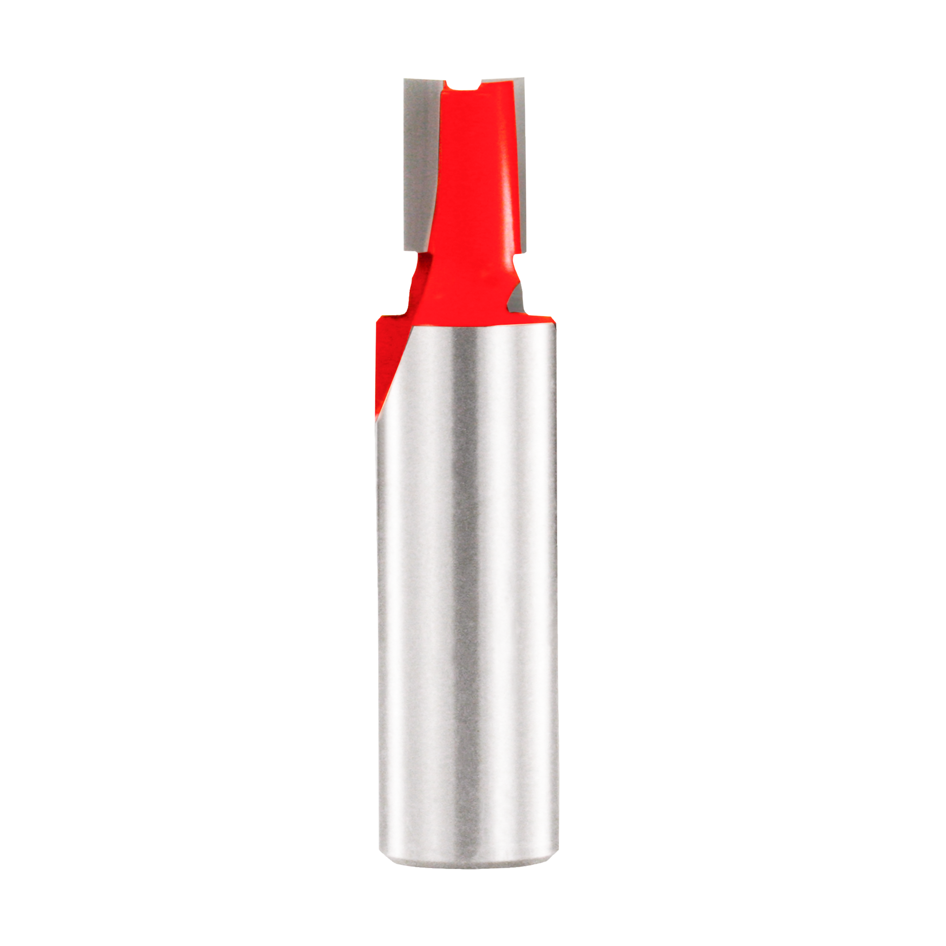 Mortising bit with red cutting head and metallic cylindrical shank, featuring two cutting edges at the top.
