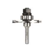 Metal router bit with cylindrical shank, hexagonal nut, and two flat cutting blades extending horizontally from center body.