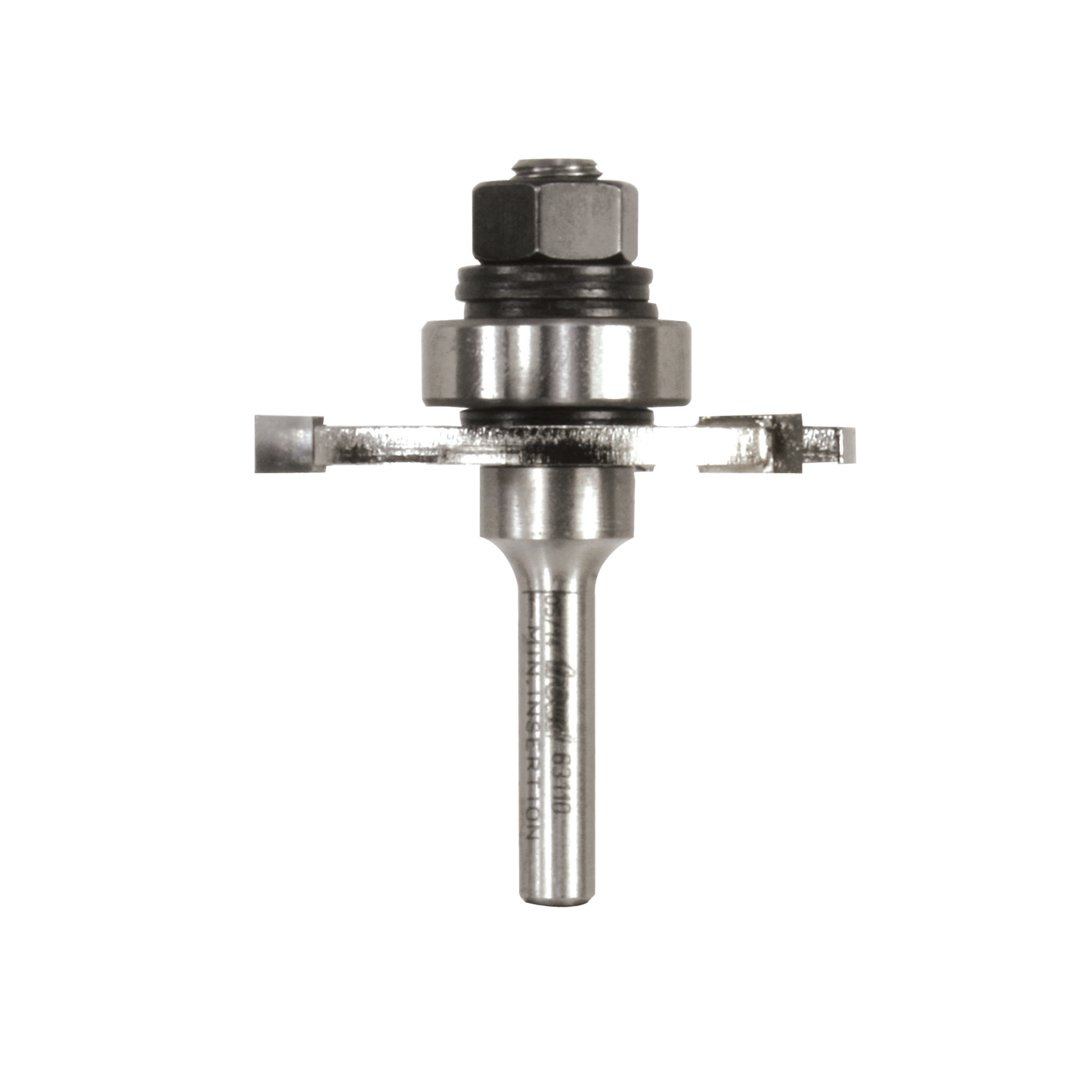 Metal router bit with cylindrical shank, hexagonal nut, and two flat cutting blades extending horizontally from center body.