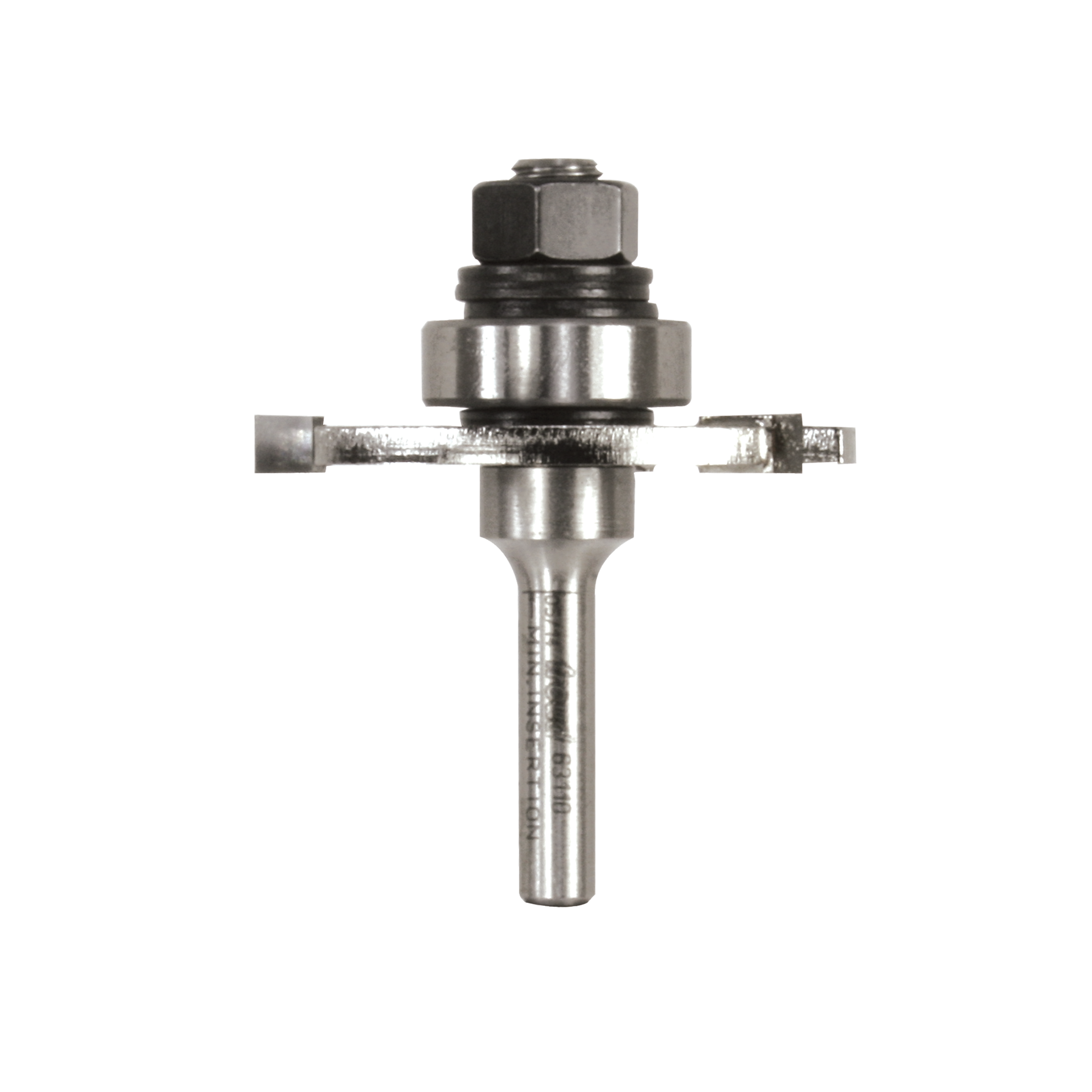 Metal router bit with cylindrical shank, hexagonal nut, and two flat cutting blades extending horizontally from center body.