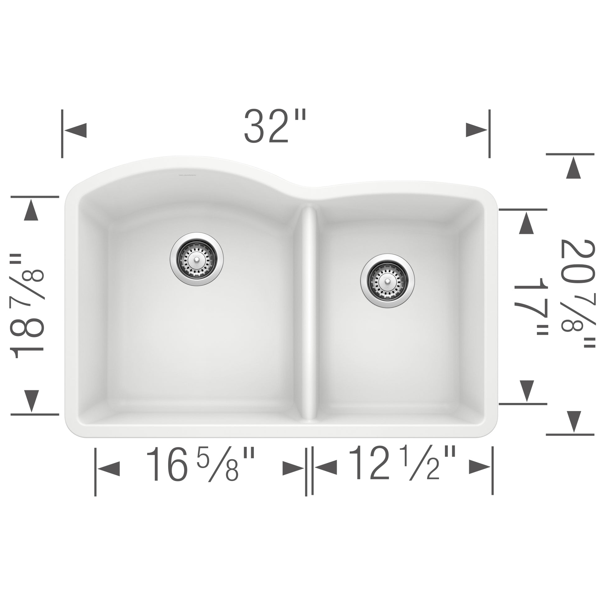 White Silgranit double bowl undermount kitchen sink with two drain baskets, 32" wide.