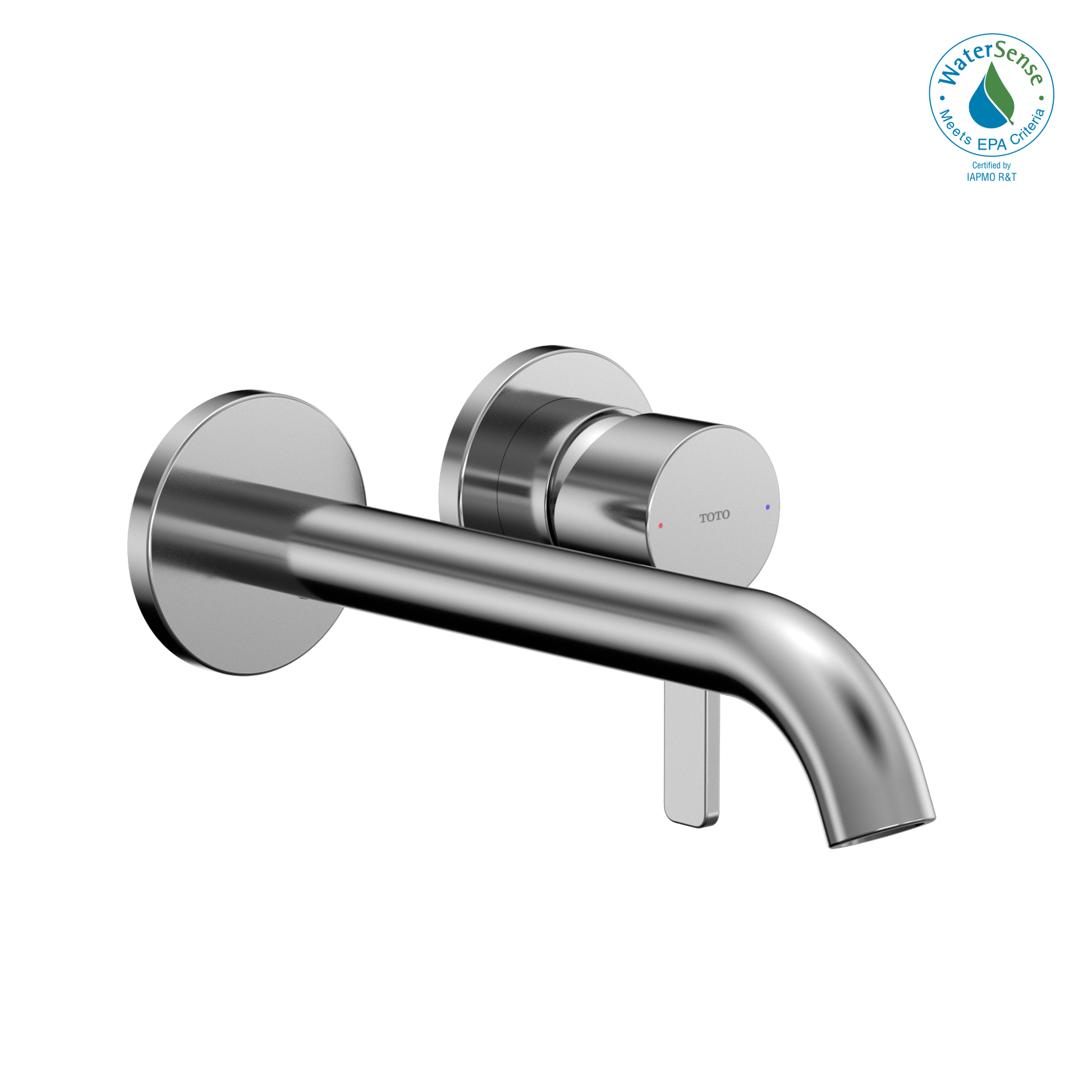 Polished chrome wall-mount bathroom faucet with single handle and curved spout.