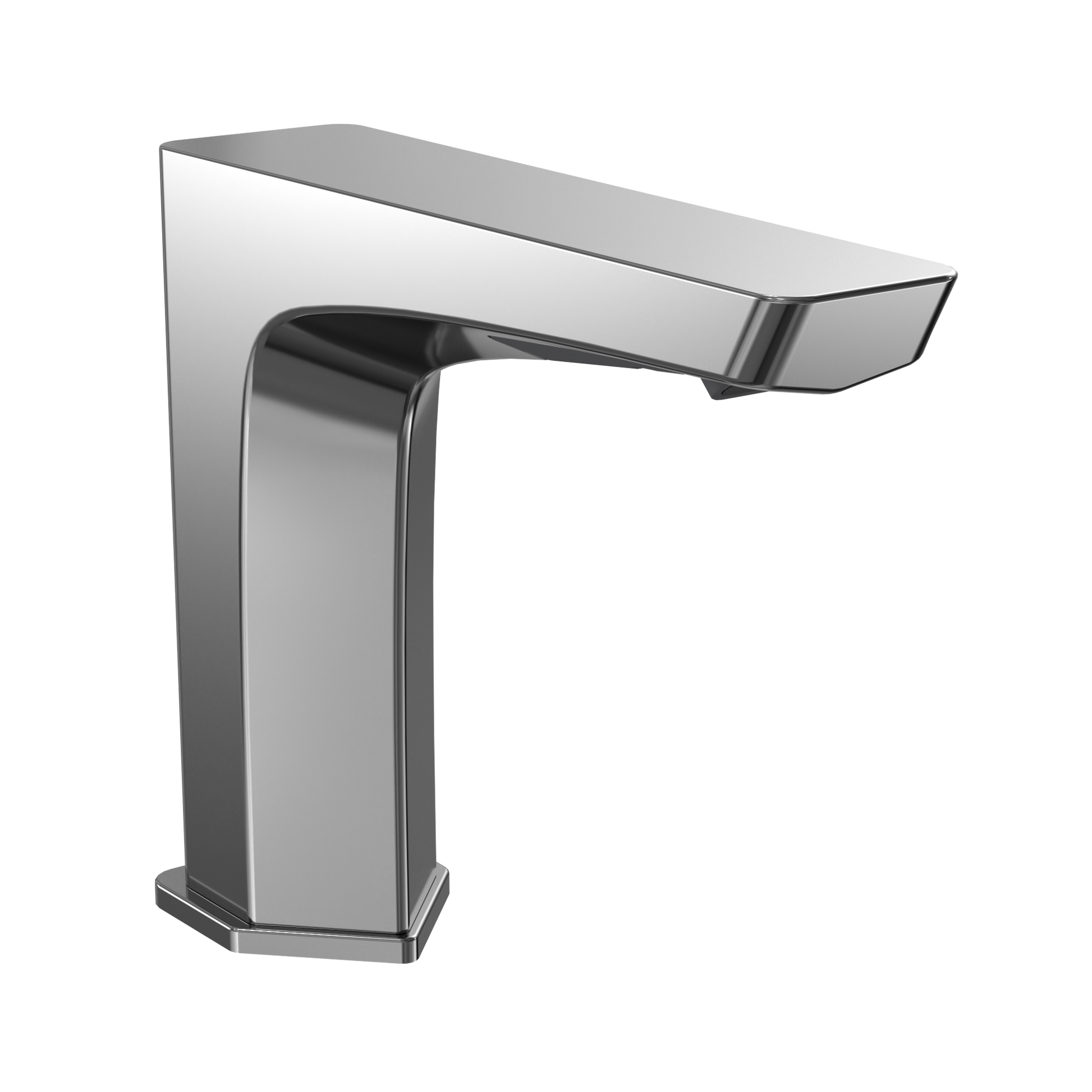 Polished chrome touchless bathroom faucet with tall rectangular base and angular spout extending rightward.