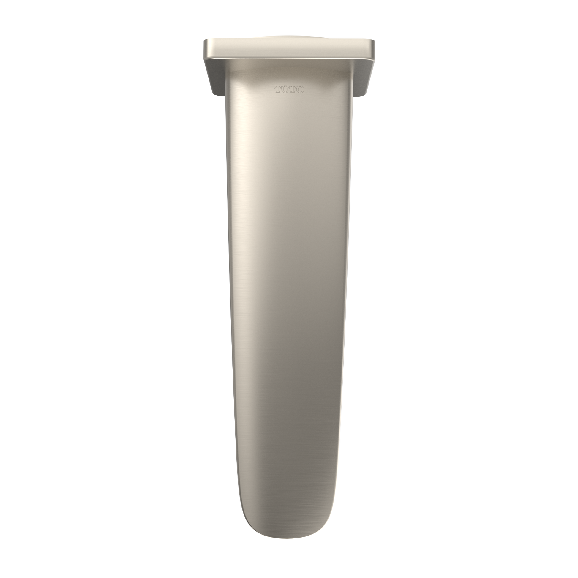 Brushed nickel wall-mounted tub spout with curved cylindrical body and flat rectangular mounting flange.