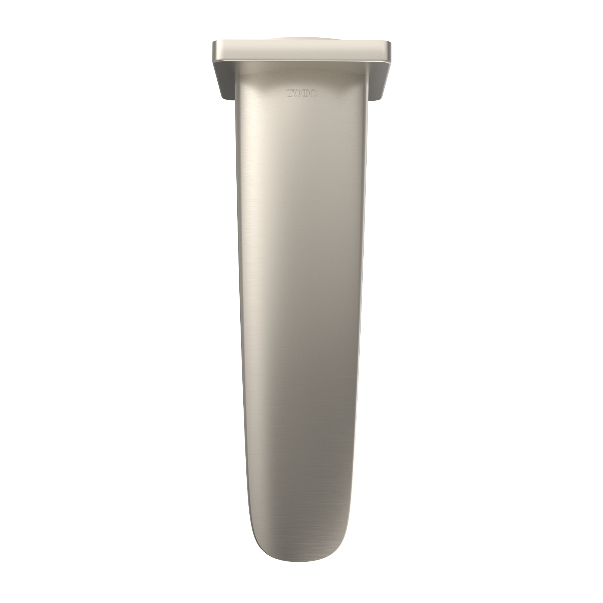 Brushed nickel wall-mounted tub spout with curved cylindrical body and flat rectangular mounting flange.