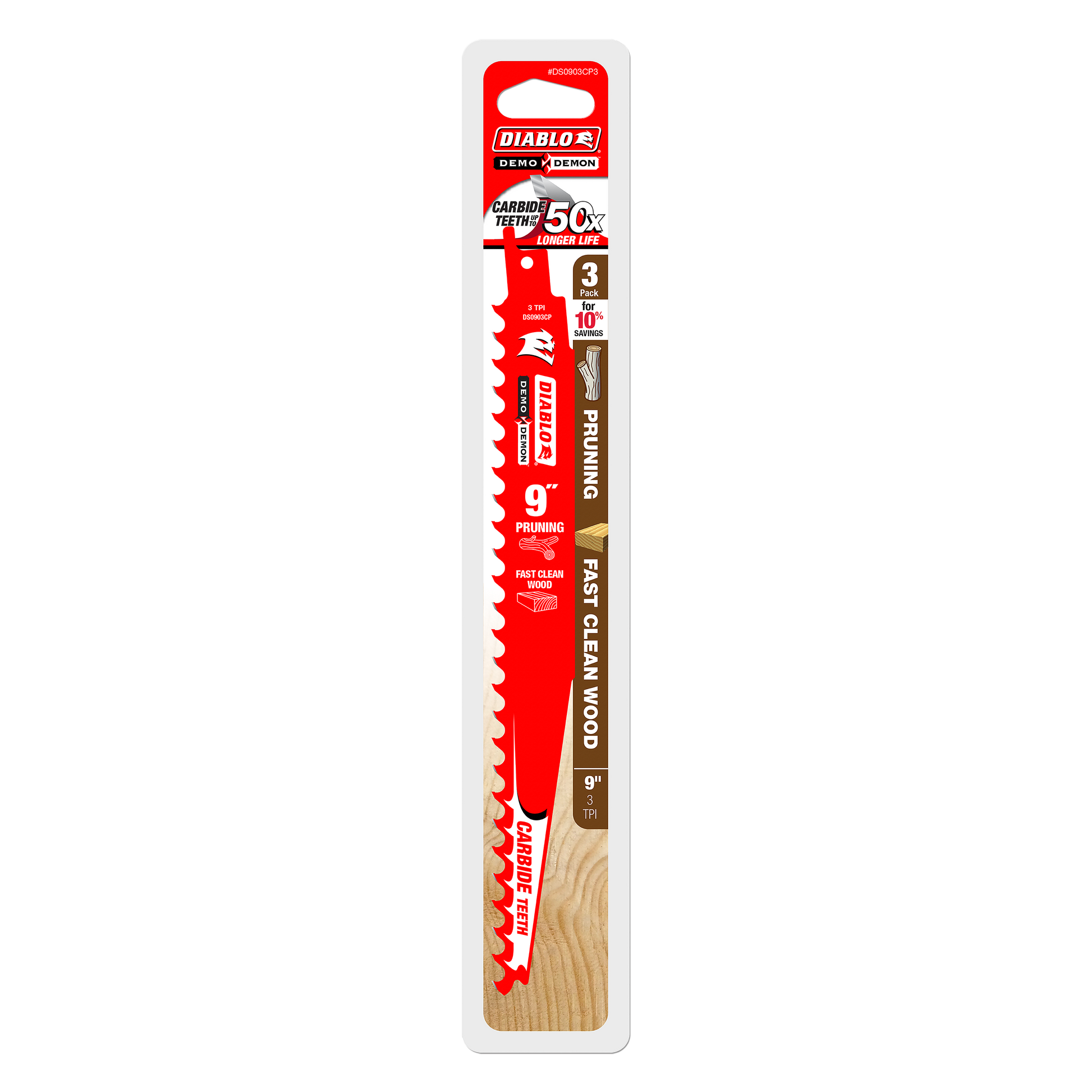 Three 9-inch Diablo carbide-tipped saw blades with red teeth and wooden handles in retail packaging.
