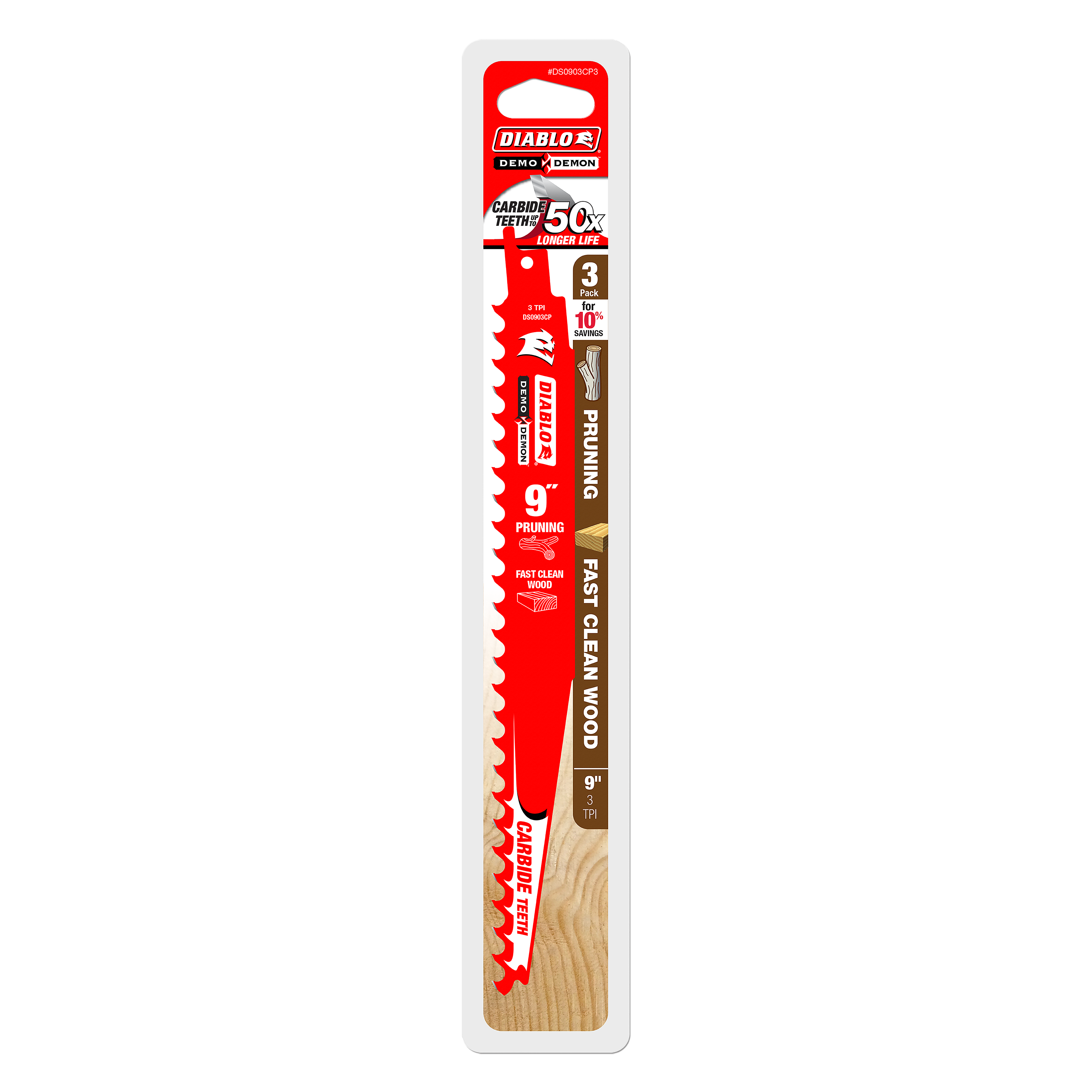 Three 9-inch Diablo carbide-tipped saw blades with red teeth and wooden handles in retail packaging.