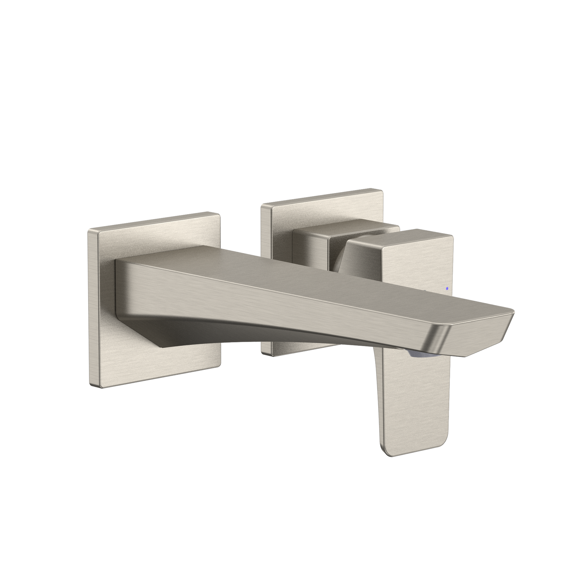 Brushed nickel wall-mount bathroom faucet with single handle and angled spout.