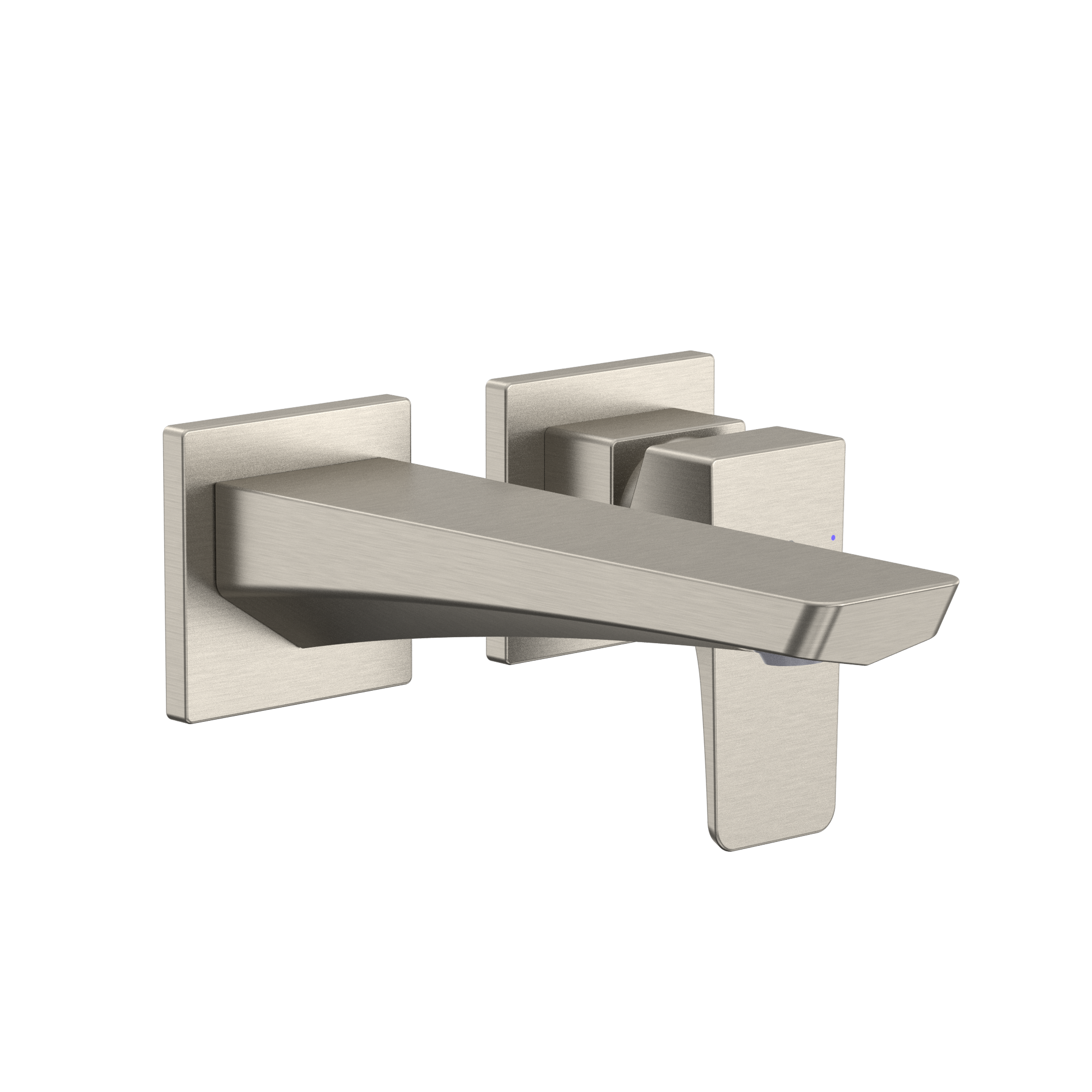 Brushed nickel wall-mount bathroom faucet with single handle and angled spout.