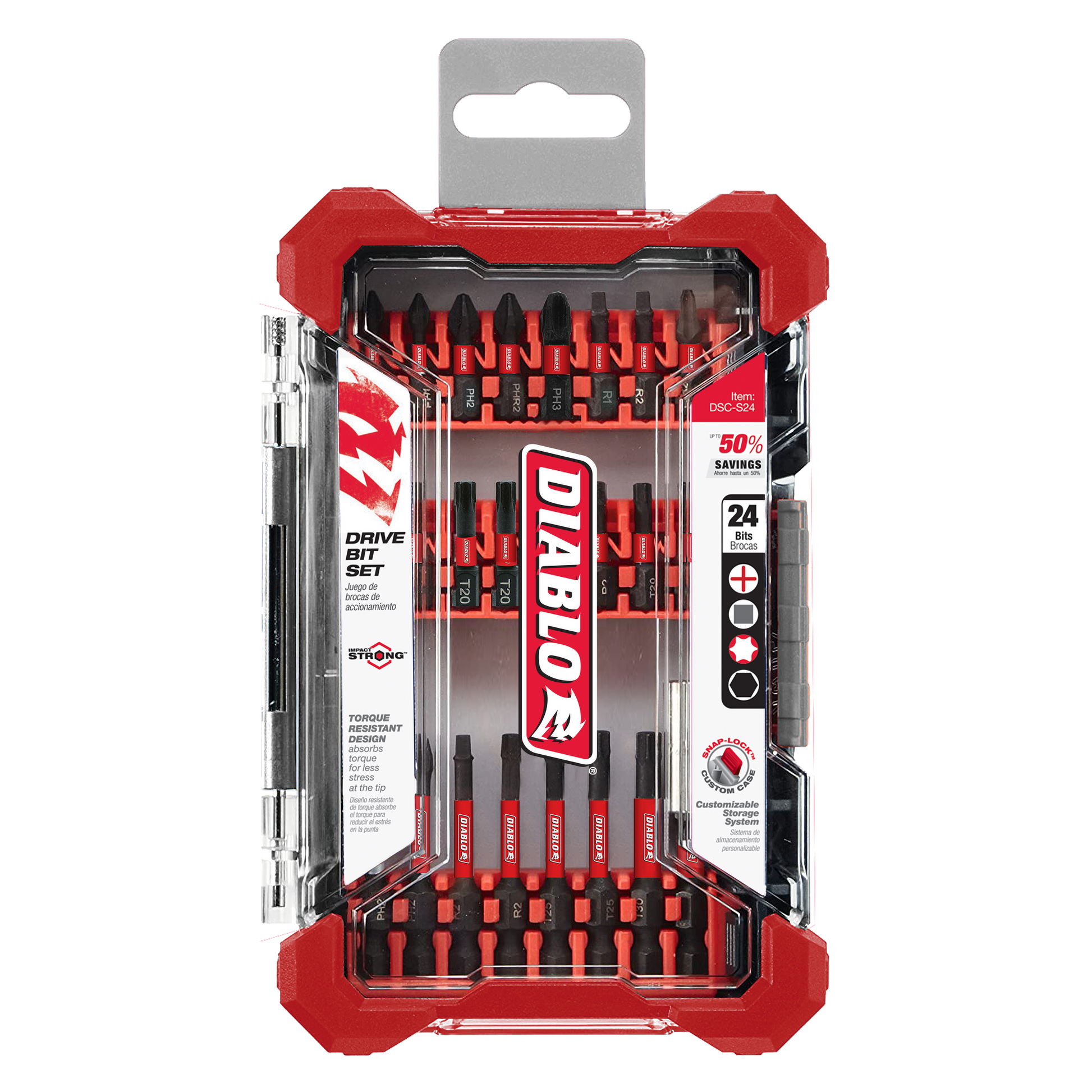 Diablo 24-piece screwdriving bit set in red and black case with multiple Phillips and flathead bits.