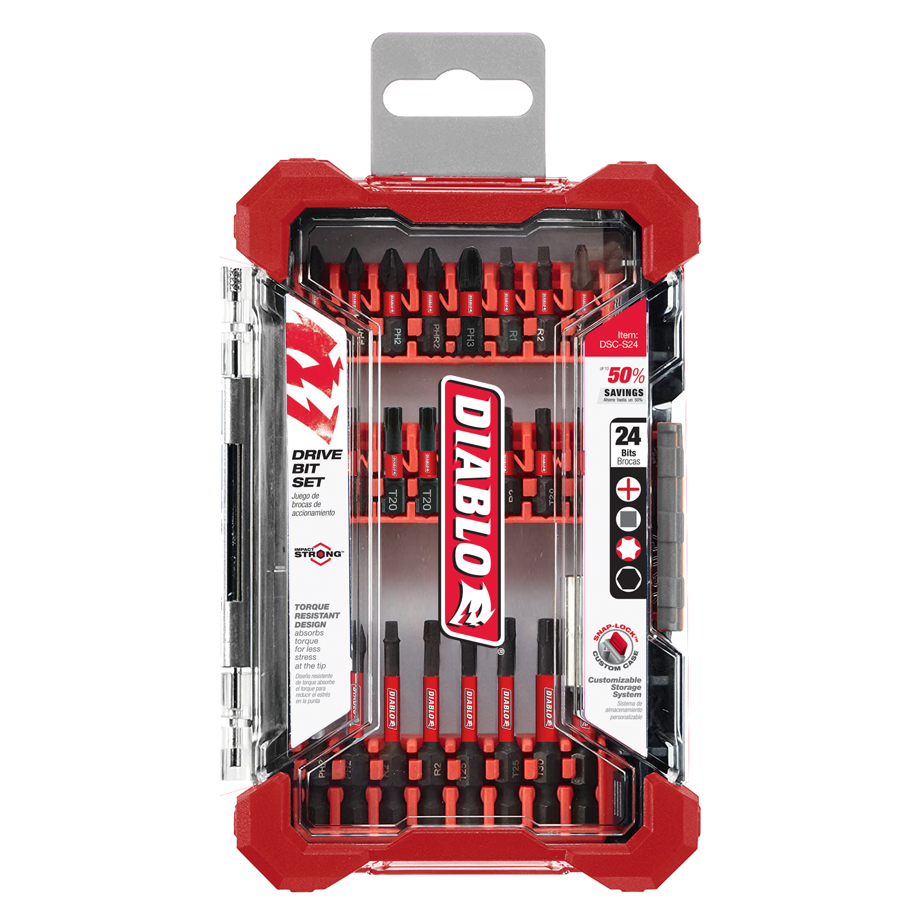 Diablo 24-piece screwdriving bit set in red and black case with multiple Phillips and flathead bits.