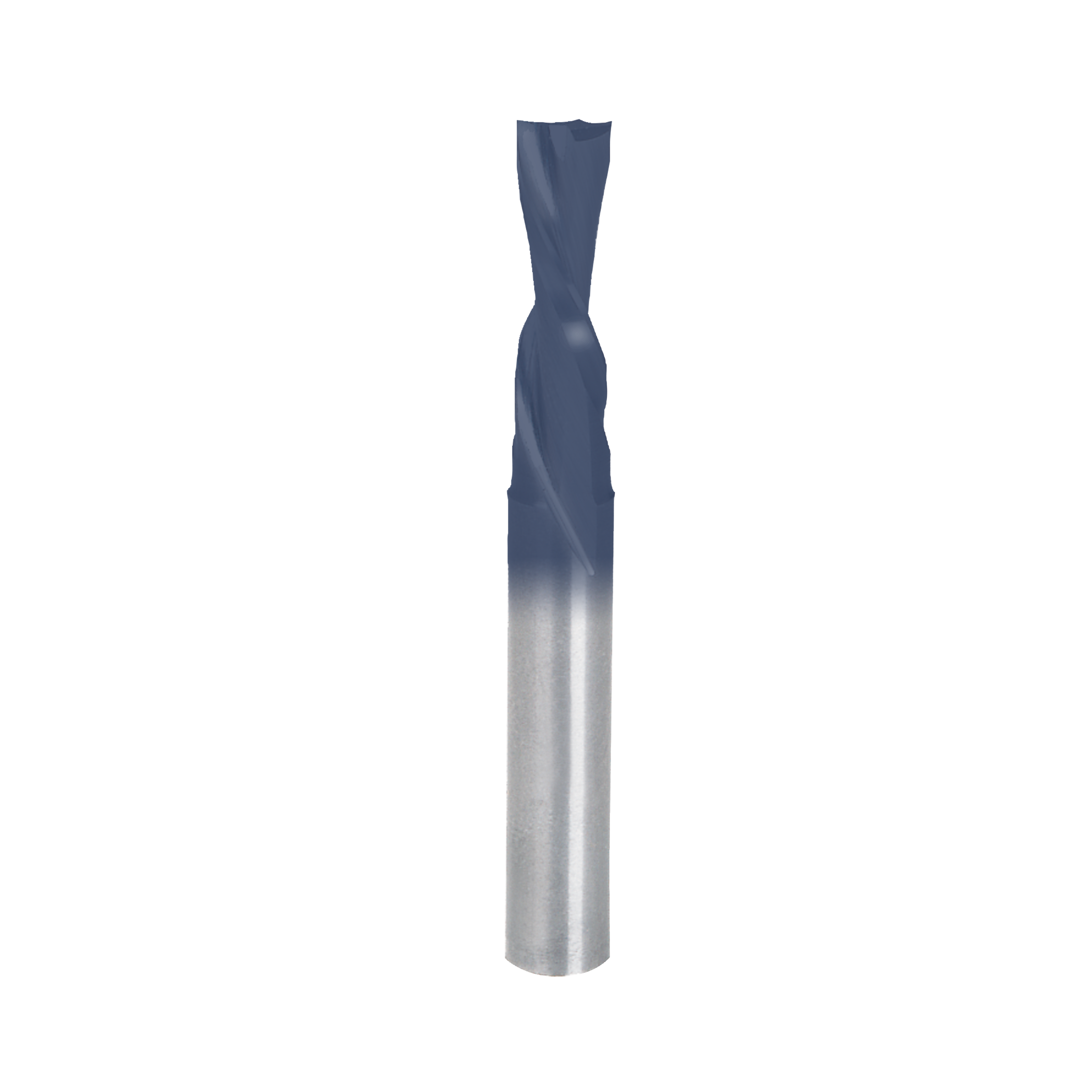 Freud 76-204 down spiral bit with dark blue flutes and silver shank for woodworking.