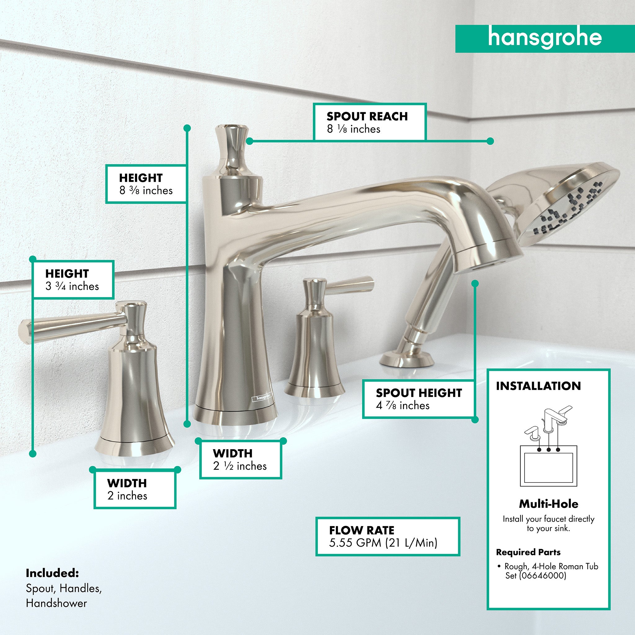 Polished nickel 4-hole roman tub faucet set with curved spout, two handles, and handheld showerhead shown with dimension spec